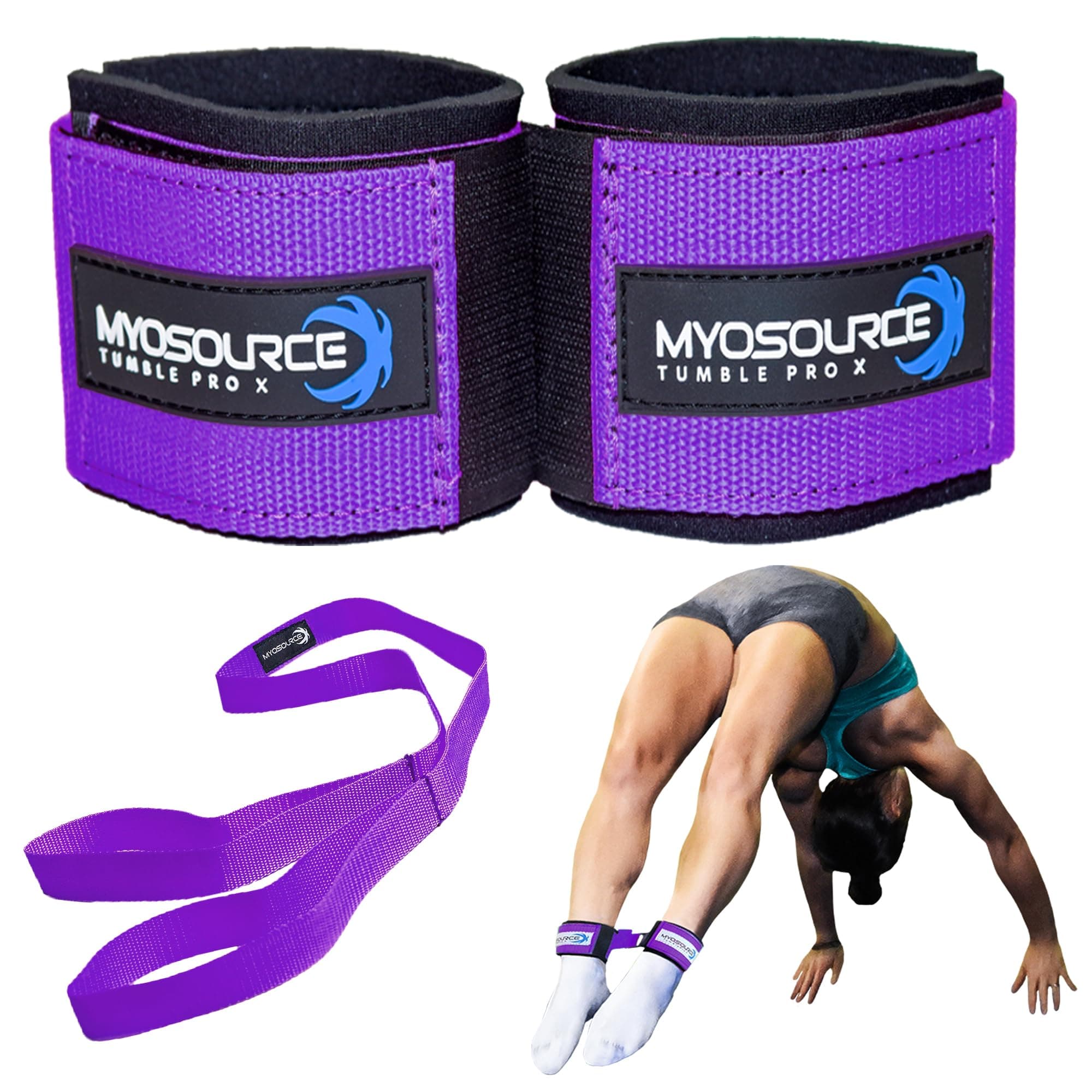 Myosource Kinetic Bands Tumble Pro X Ankle Straps Kit – Cheerleading Standing Tumbling Equipment, Gymnastics Backhandspring Trainer – Includes Flexibility Stunt Stretch Strap – Purple