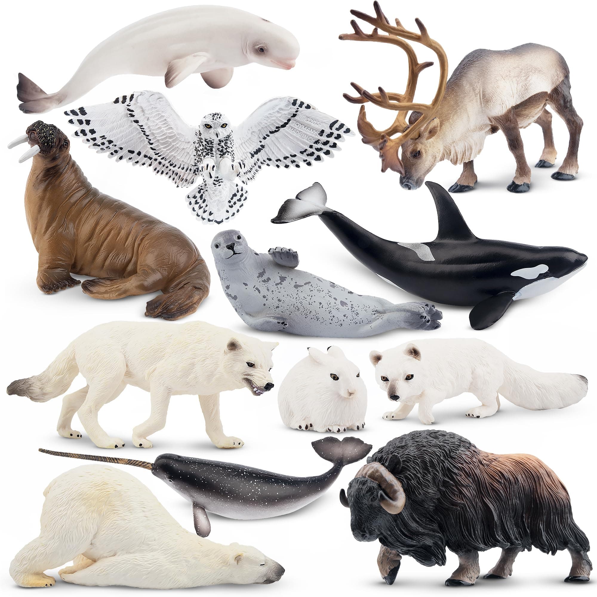 Toymany 12PCS 4-7" Large Polar Animals Figurines, Plastic Arctic Animal Toy Preschool Set Includes Polar Bear,Caribou,Whales,Walrus, Cake Toppers Christmas Birthday Toys Gift for Kids Toddlers