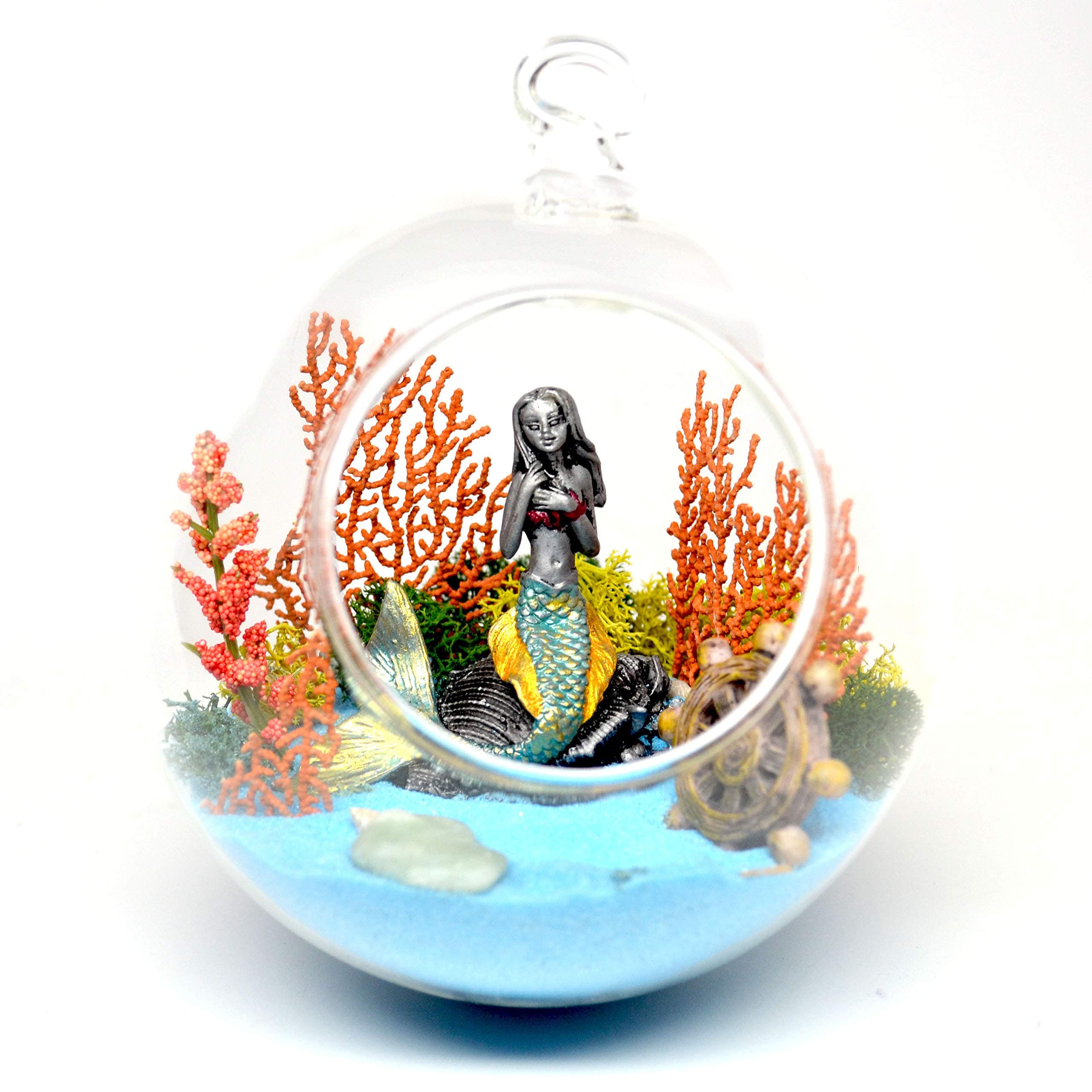 Pixie Glare Hanging Glass Terrarium Mermaid Kit. Under The Ocean Scene with Real Sea Fan, Dyed Sand, Pewter Mermaid and Accessories