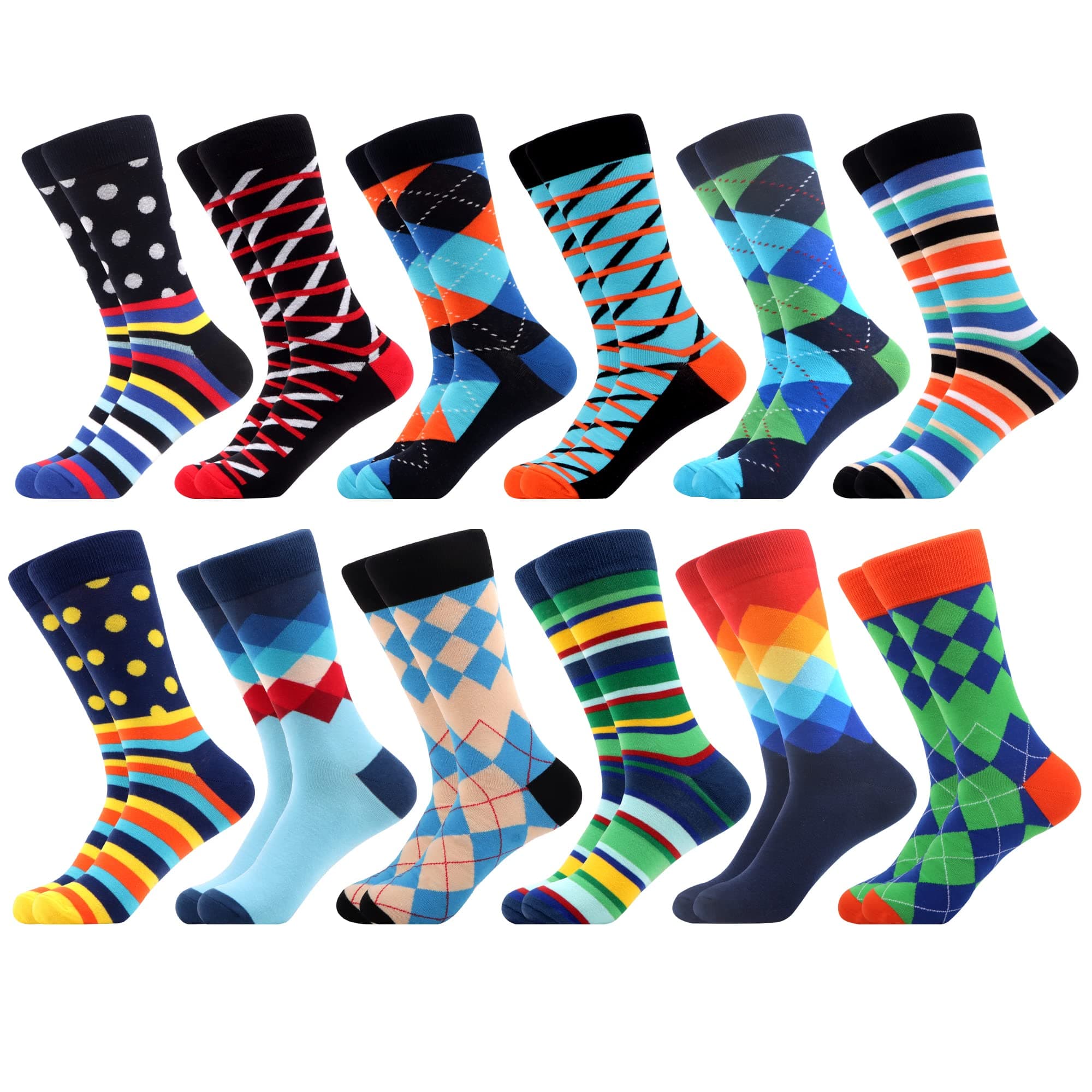 WeciBor Men's Dress Funny Crazy Colorful Novelty Combed Cotton Crew Socks 12 Pack - Size 7-10/10-13/13-15