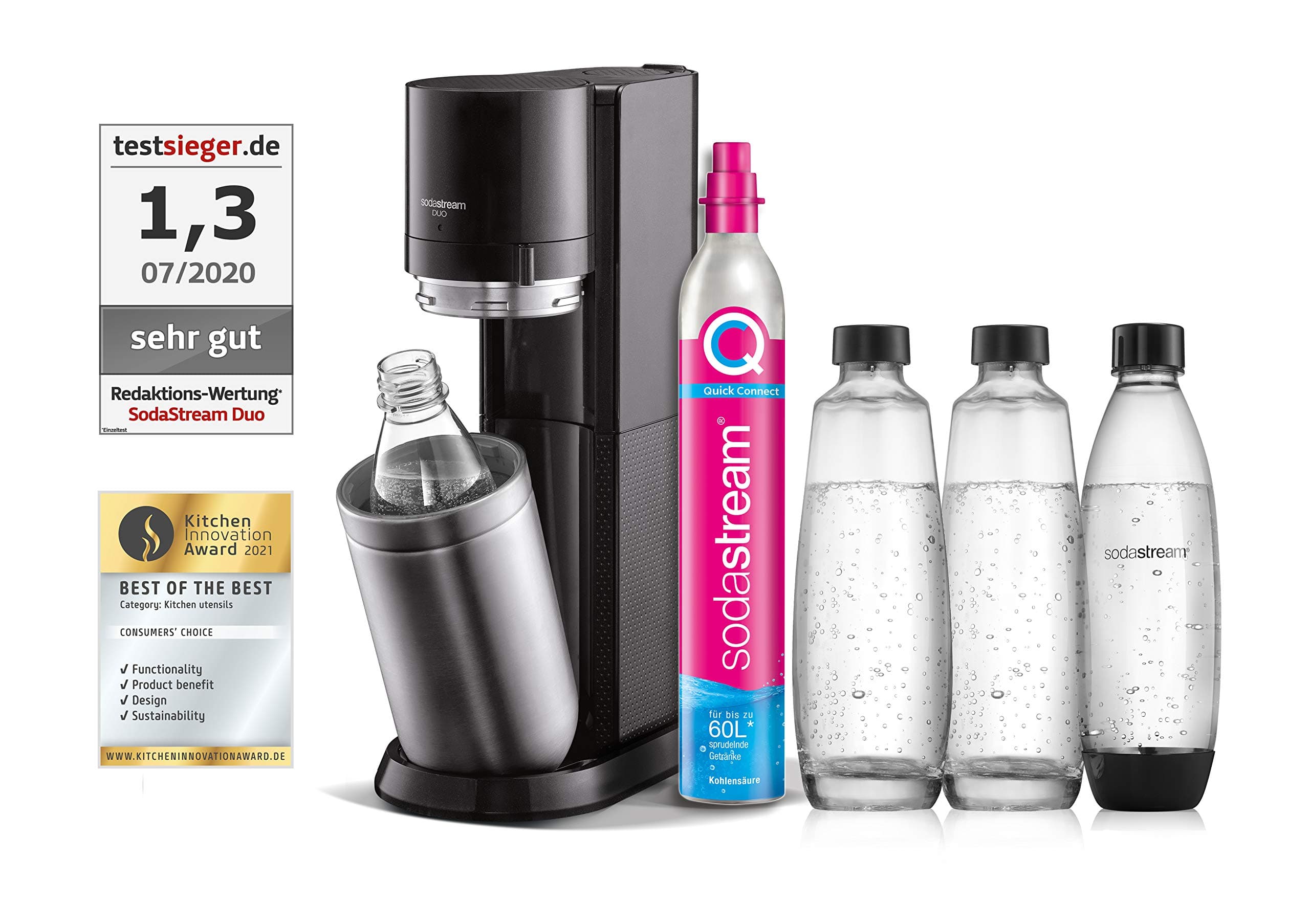 SodaStream Duo Water carbonator with CO2 Cylinder, Glass 2 x 1 Litre Dishwasher-Safe Plastic Bottle, Height: 44 cm, Colour: Titanium, Polyethylene Terephthalate (PET), 29x25.6x44.4