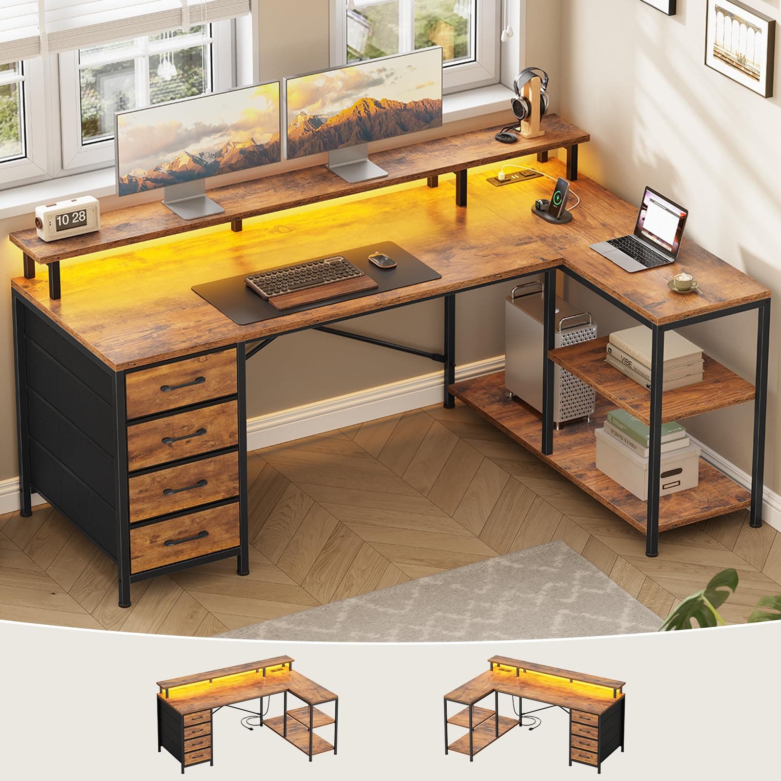 L Shaped Desk with 4 Drawers and Storage Shelves, L Shaped Gaming Desk with LED Lights & Power Outlets, Computer Desk with Shelves & Drawer, Corner Desk Home Office Desk, Rustic Brown