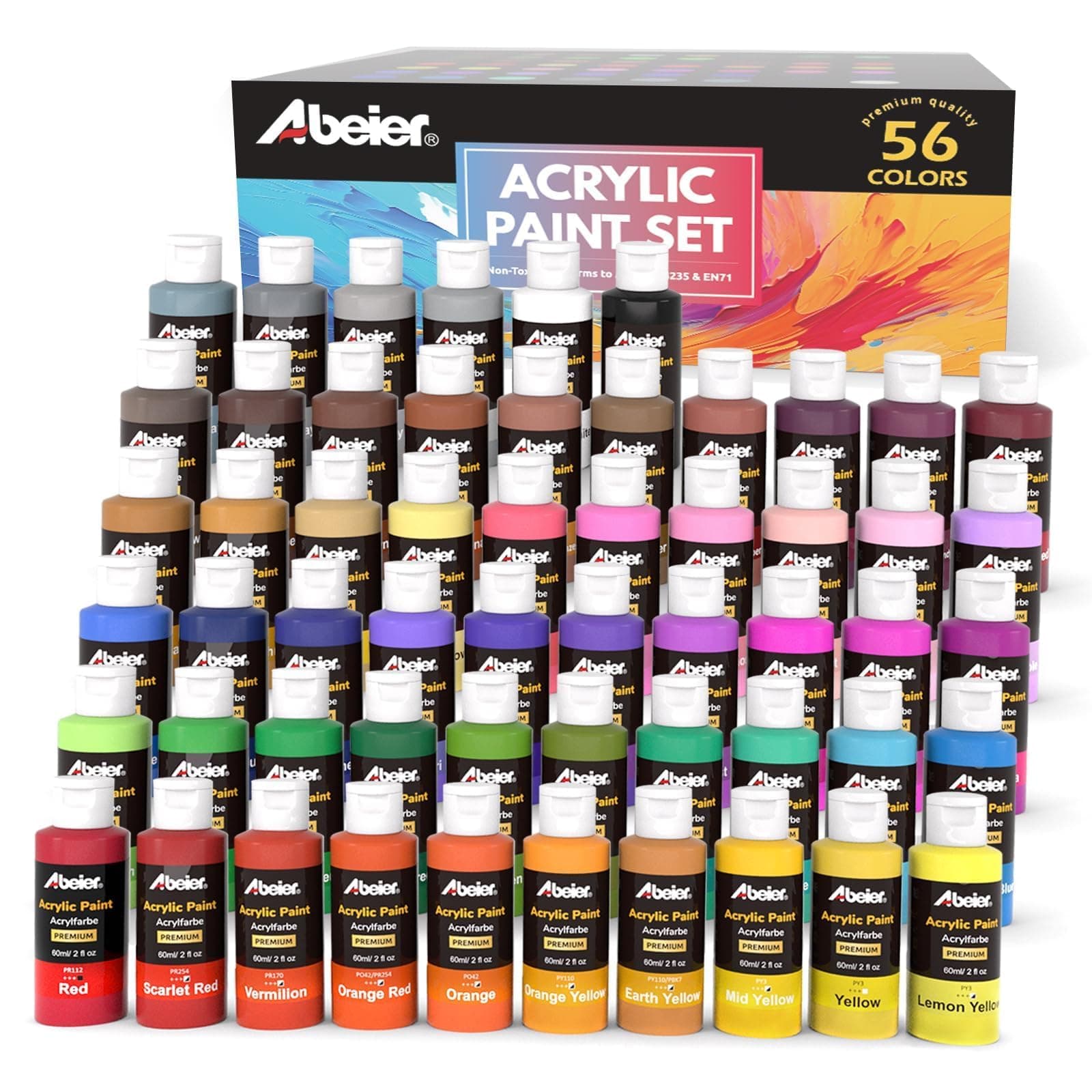 ABEIER Acrylic Paint Set, 56 Colors (2oz/60ml), Matte Finish, Waterproof, Rich Pigments, Non-Toxic Paints for Painting on Canvas Crafts Wood Ceramic, Fabric Ideal for Beginners and Students
