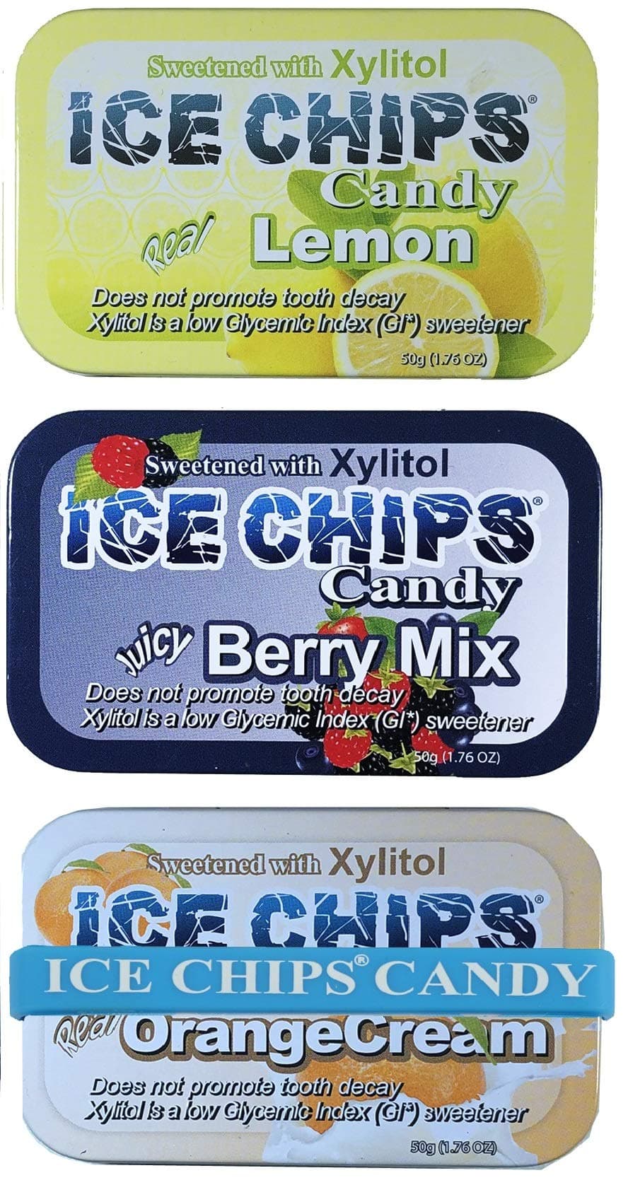 ICE CHIPSXylitol Candy 6 Tins (Fruity Pack); Low Carb, Gluten Free - includes ICE CHIPS BAND as shown