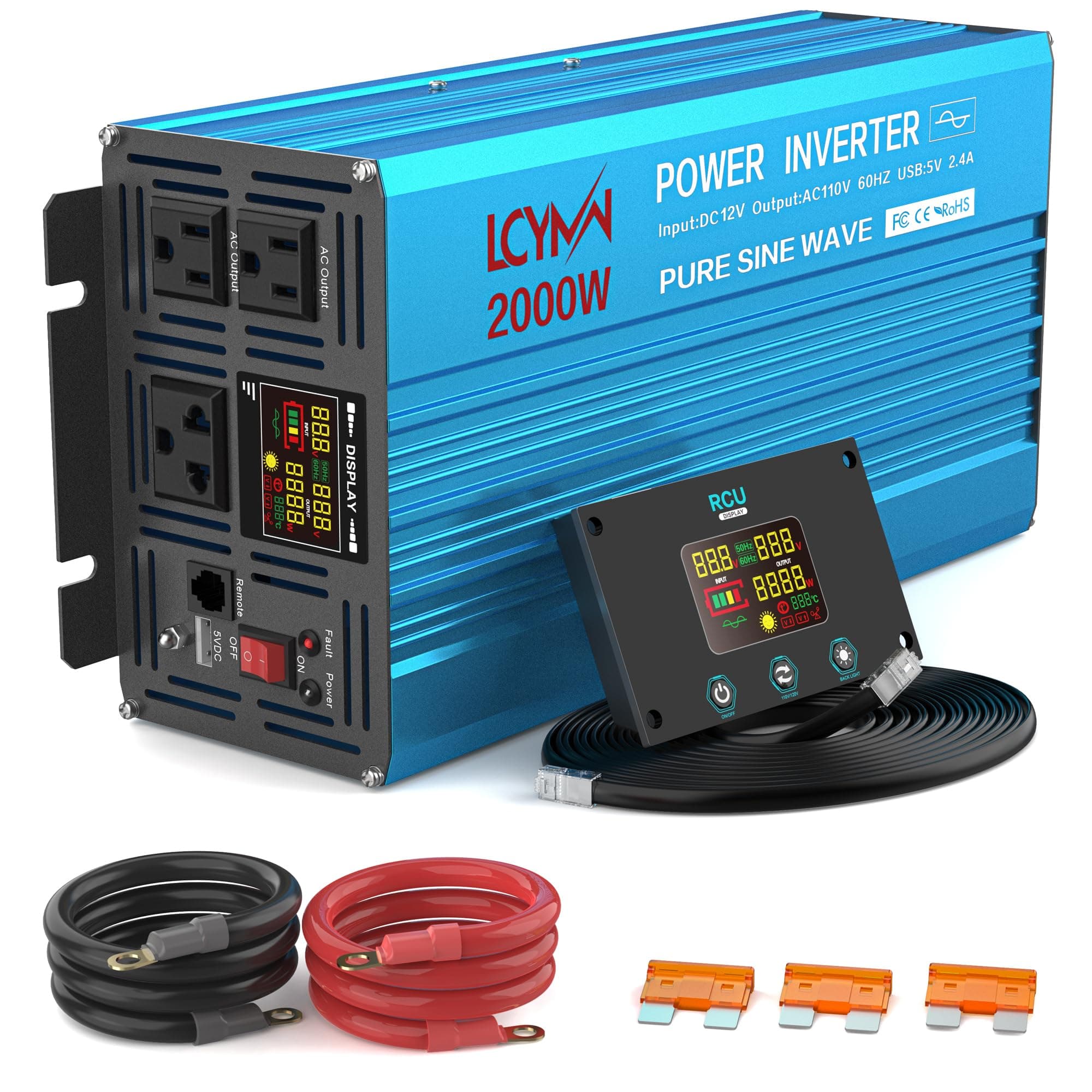 2000 Watt Inverter Pure Sine Wave DC 12V to 110V AC Power Inverters with 3 AC Charger Outlets, Car Inverter Solar Power Inverters for Vehicles Home with LCD Display and 2.4A USB Charging Ports