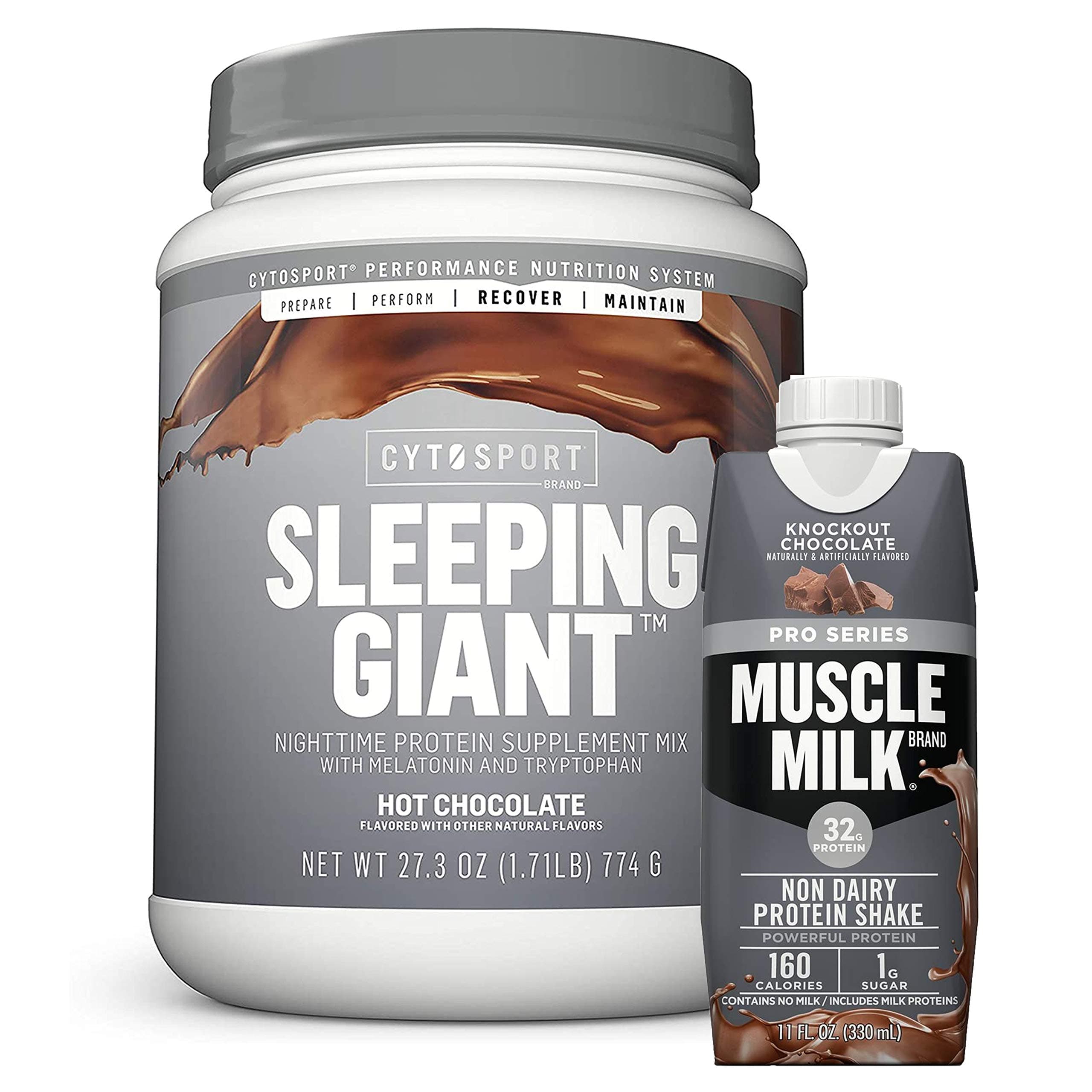 Cytosport Sleeping Giant Nighttime Protein Supplement Mix with Melatonin and Tryptophan, Hot Chocolate with Protein Shake, Knockout Chocolate