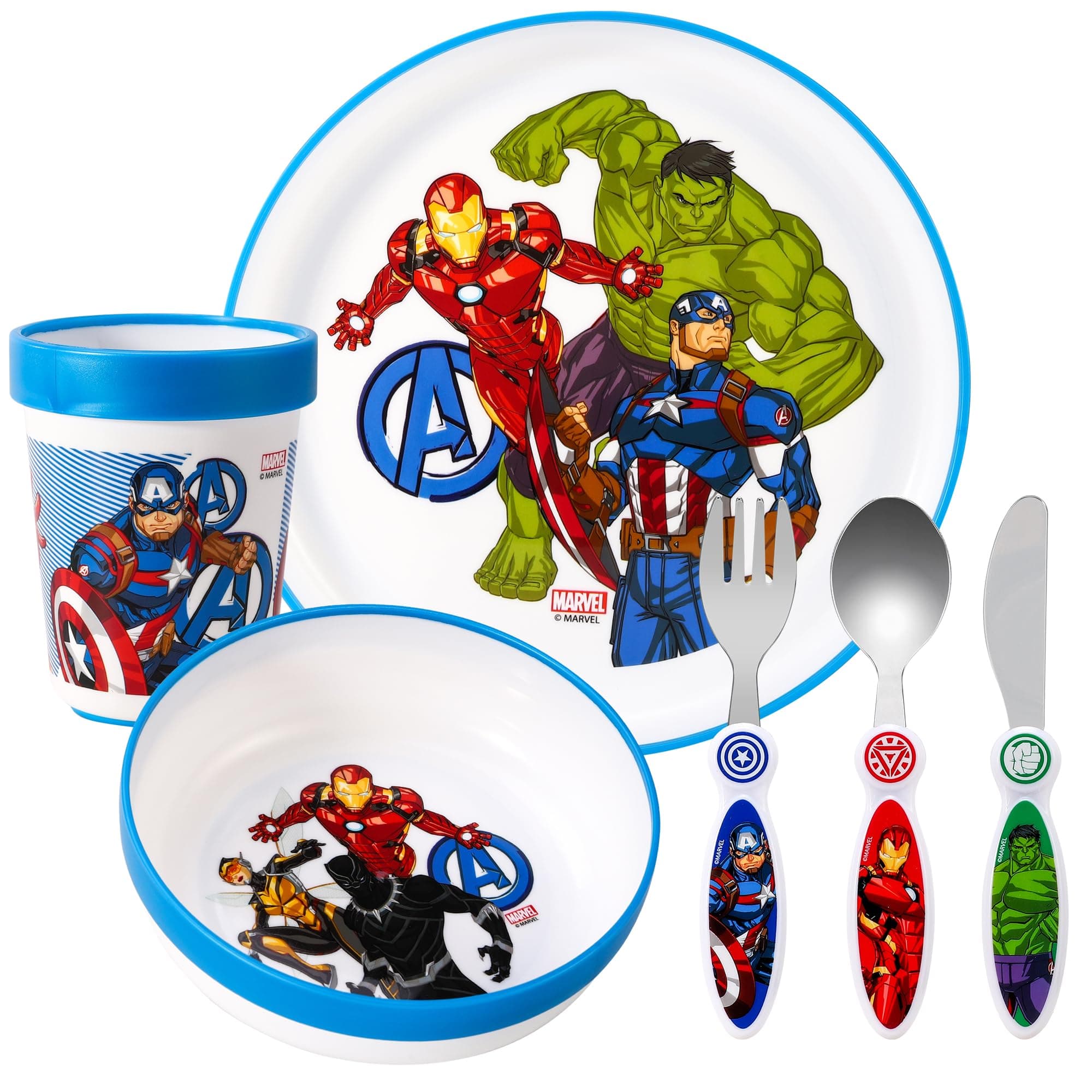 Avengers Kids 6 Piece Reusable Dinner Set - Plate/Bowl/Cup/Knife/Fork/Spoon - Childrens Dinnerware Tableware Cutlery Set
