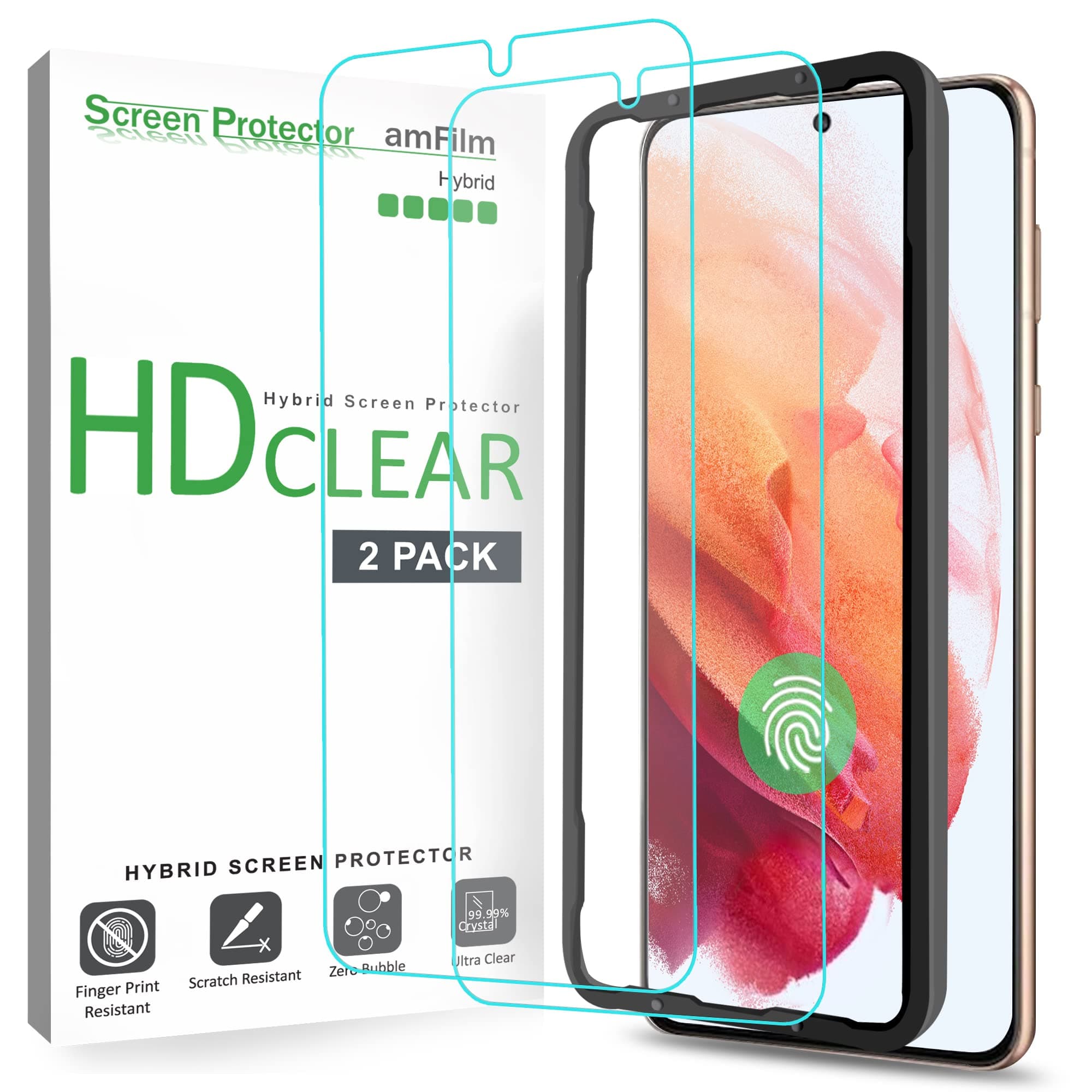 (2 Pack Screen Protector for Samsung Galaxy S21 5G 6.2 inch (2021), Fingerprint ID Compatible, HD Clear, Scratch Resistant Hybrid, Case Friendly with Easy Installation Tray