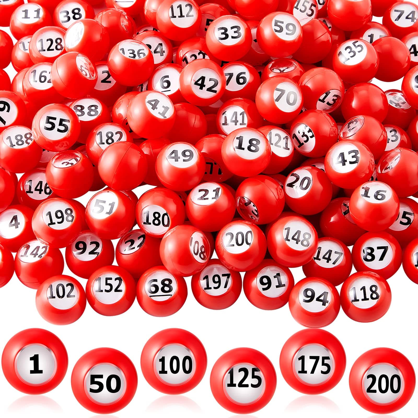 Liliful 200-Piece Raffle Bingo Ball Set - Numbered 1-200 with Easy Read Window, Mini Plastic Balls for Game Night, and Large Group Activities, Red