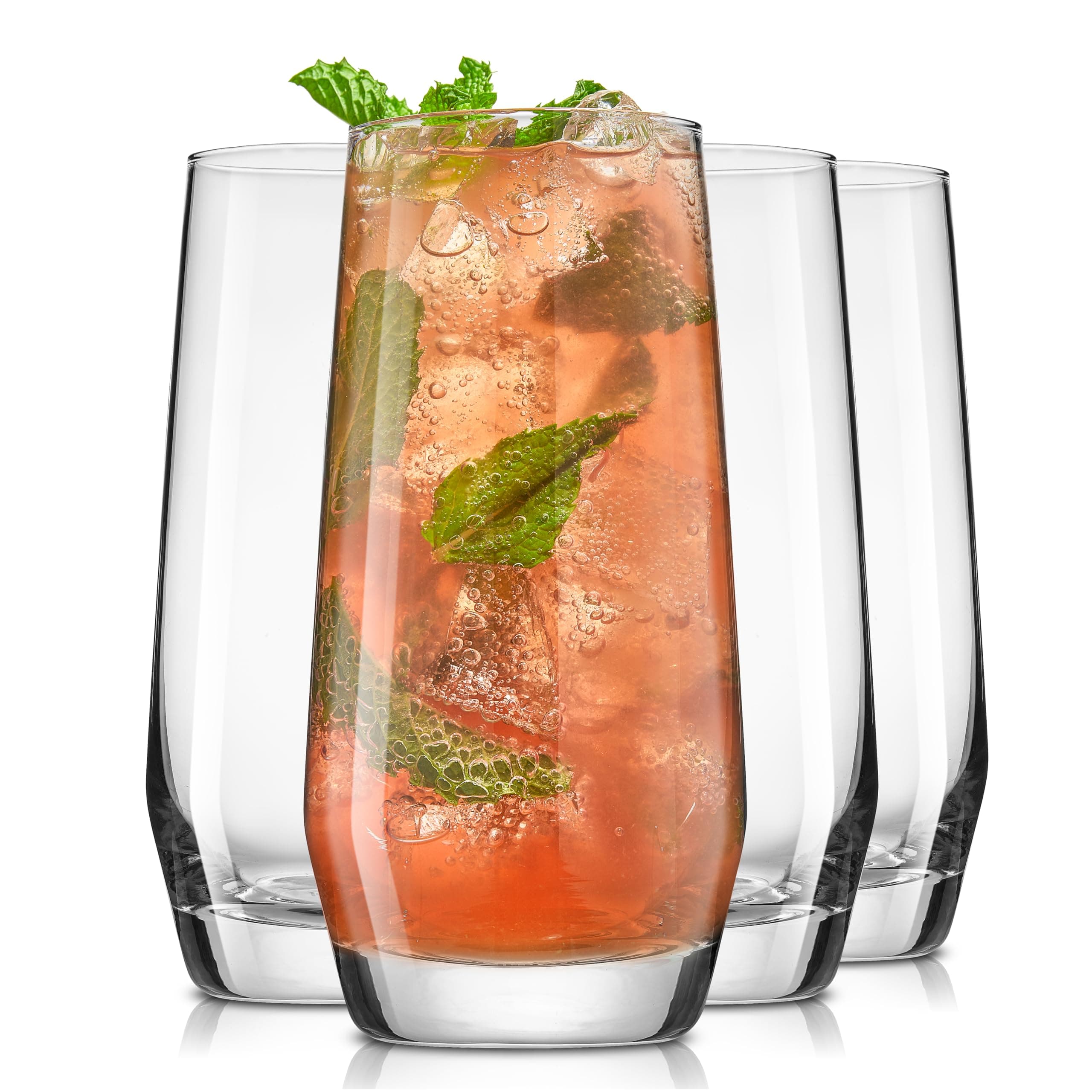JoyJolt Gwen 18oz Highball Glasses, 4pc Tall Glass Sets. Lead-Free Crystal Glass Drinking Glasses. Water Glasses, Mojito Glass Cups, Tom Collins Bar Glassware, and Mixed Drink Cocktail Glass Set