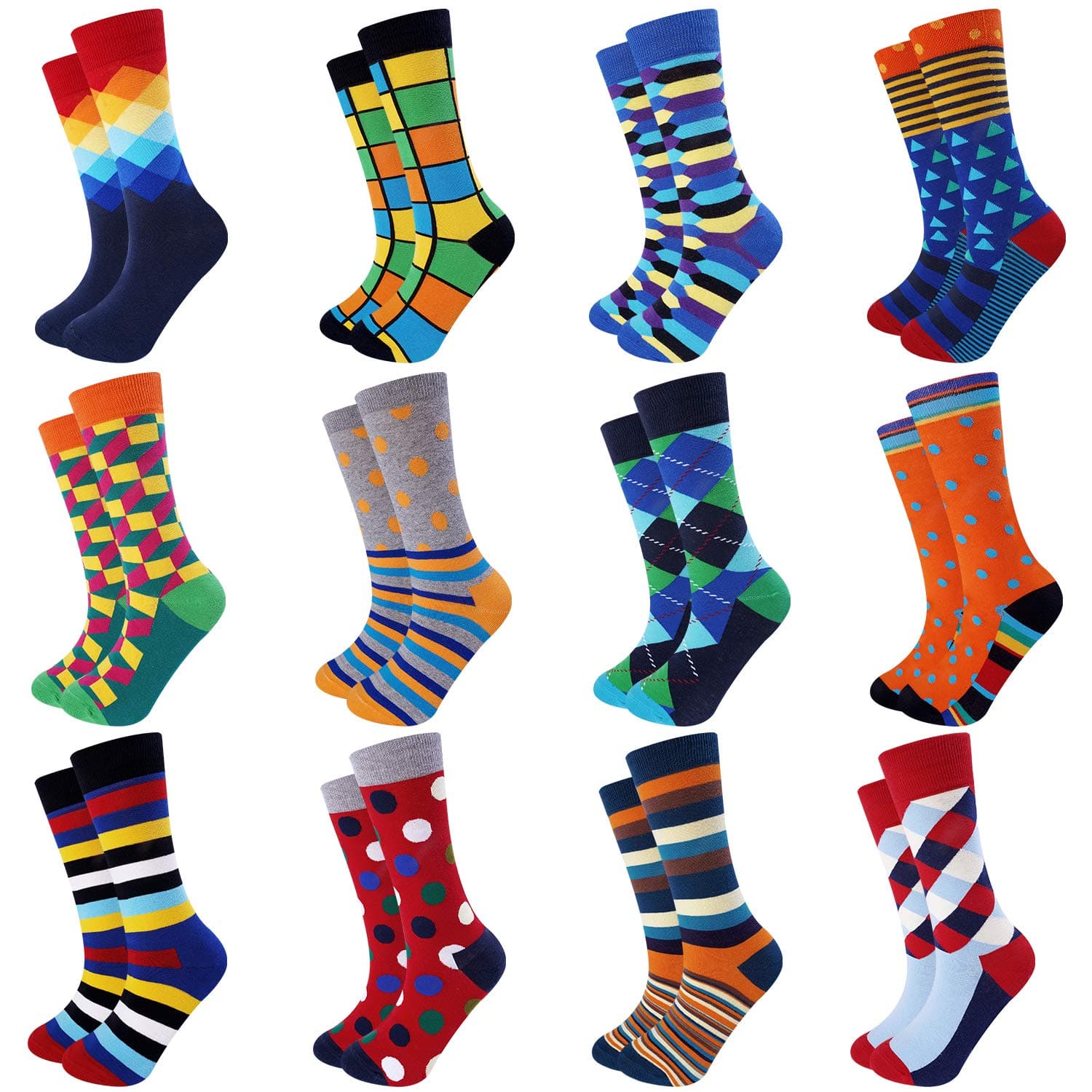 Jeasona Mens Dress Patterned Socks Pack Funny Fun Crazy Novelty Cool Colorful Cotton Crew (Multicolored, 12)