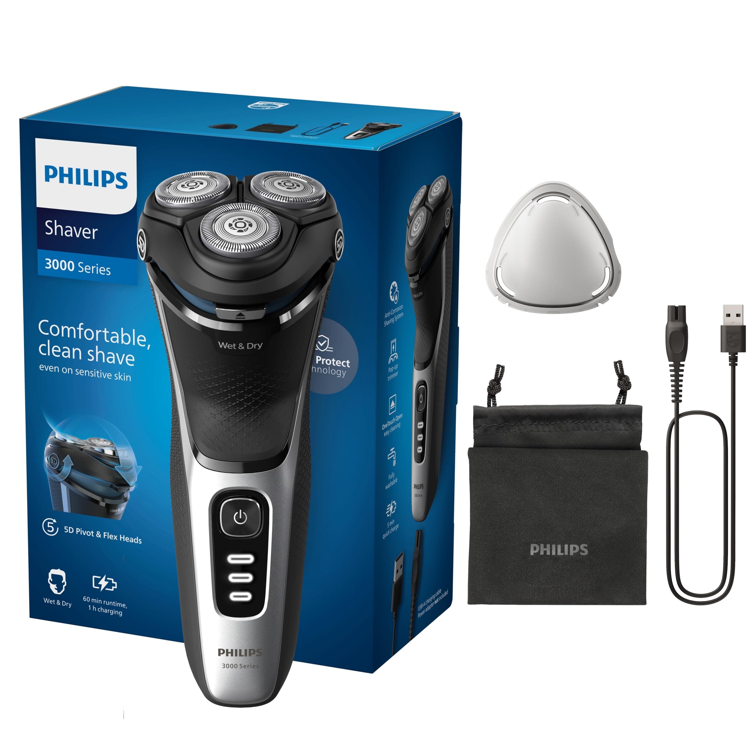 Philips Electric Shaver 3000 Series - Wet & Dry Electric Shaver for Men with SkinProtect Technology in Space Grey, Pop-up Beard Trimmer, Cordless Shaver with Travel Pouch (Model S3241/12)