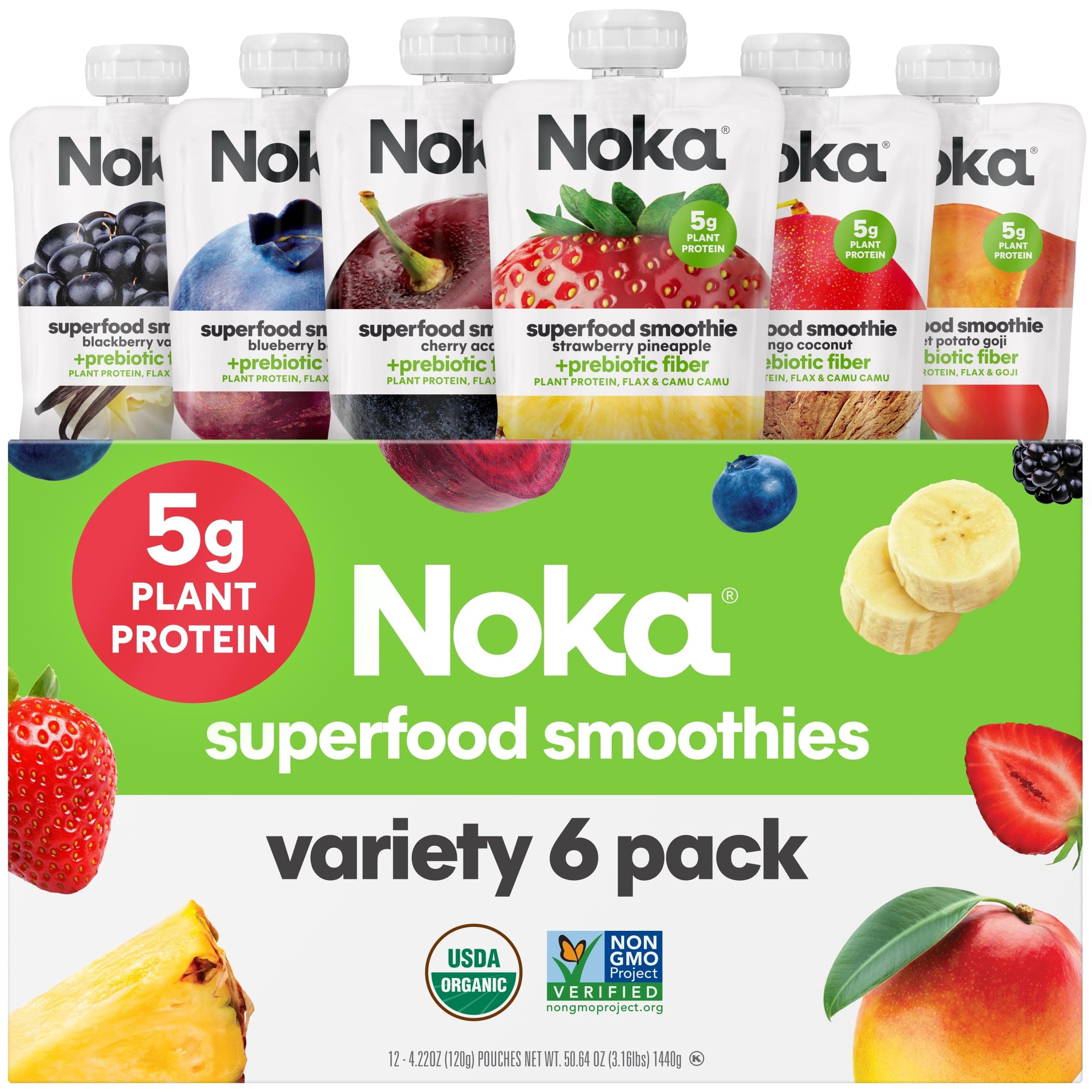 Noka Superfood Fruit Smoothie Pouches Variety Pack, Healthy Snacks with Flax Seed, Plant Protein and Prebiotic Fiber, Vegan and Gluten Free Snacks, Made in USA, Organic Squeeze Pouch, 4.22 oz, 6 Count