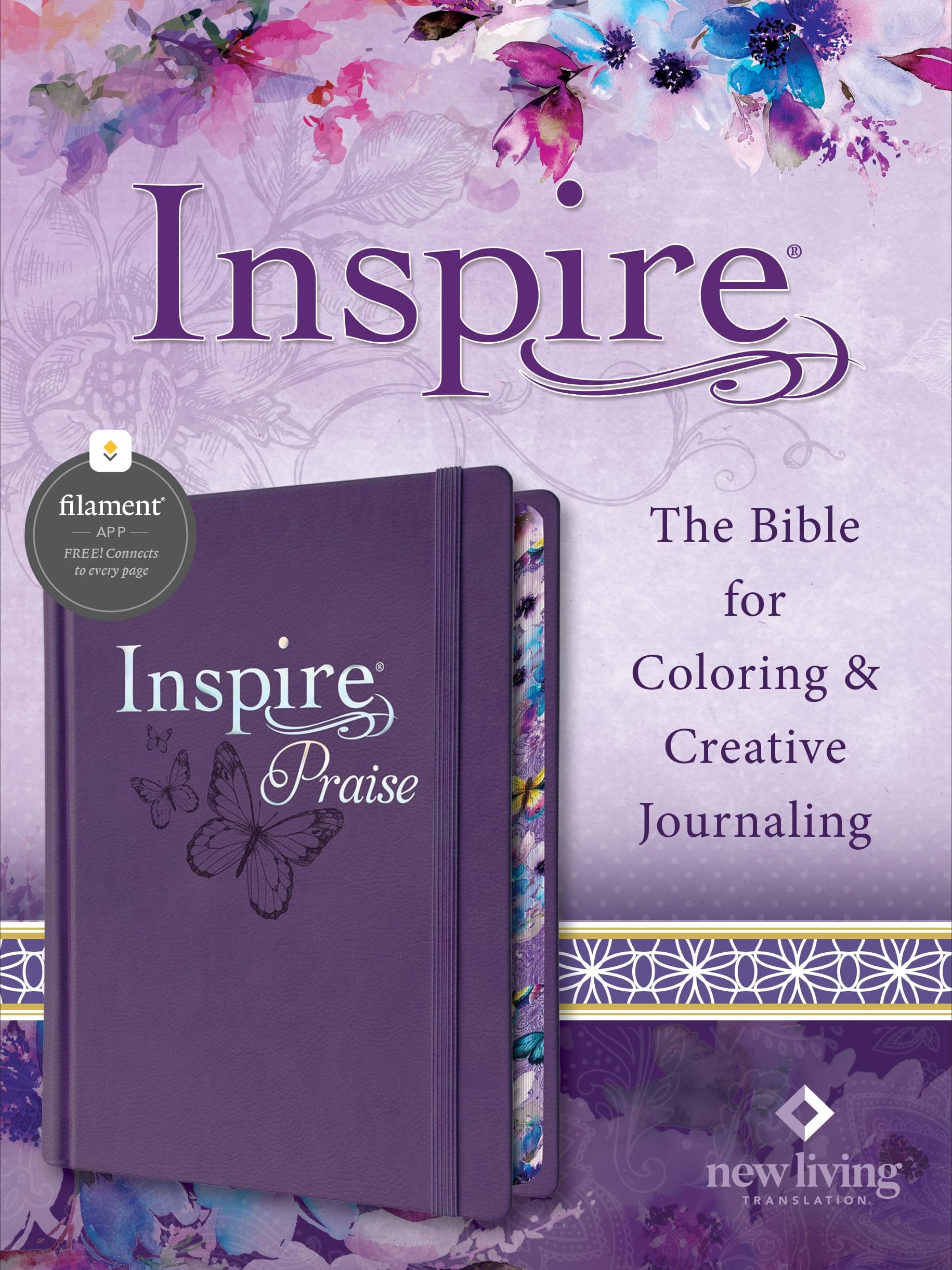 NLT Inspire Praise Bible, Filament Edition, Hardcover: New Living Translation, The Bible for Coloring & Creative Journaling, Filament-Enabled Edition Leatherlike, Purple