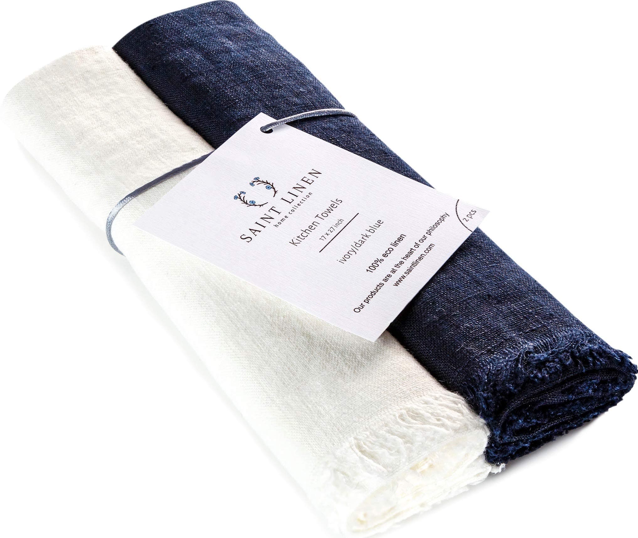 Set of 2 Linen Kitchen Towels Dish Cloth Stone Washed Towels in Ivory and Dark Blue Size 17'' x 27''  Pure Linen with High Absorption, Soft Fabric and Lint-Free Safe for Machine Wash Drying