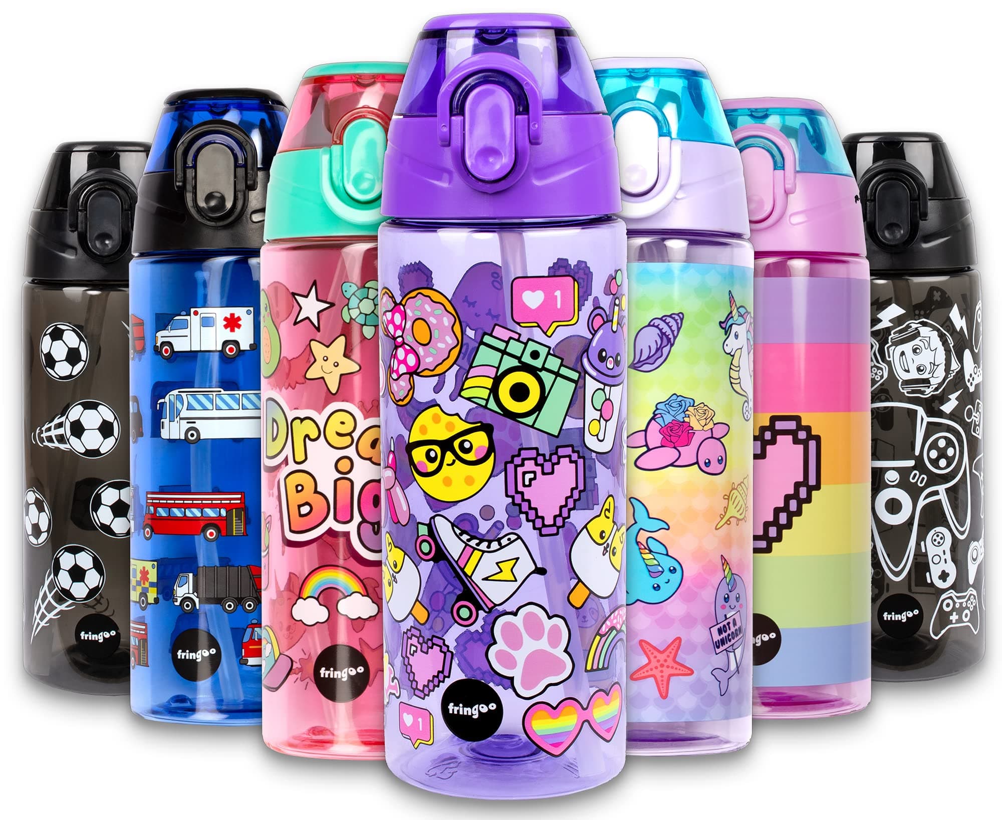 Fringoo - 600ml Kids Water Bottle with Straw & Fliptop Lock - 100% Leakproof - BPA Free 600ml Kids Water Bottle for School - Rainbow Smile