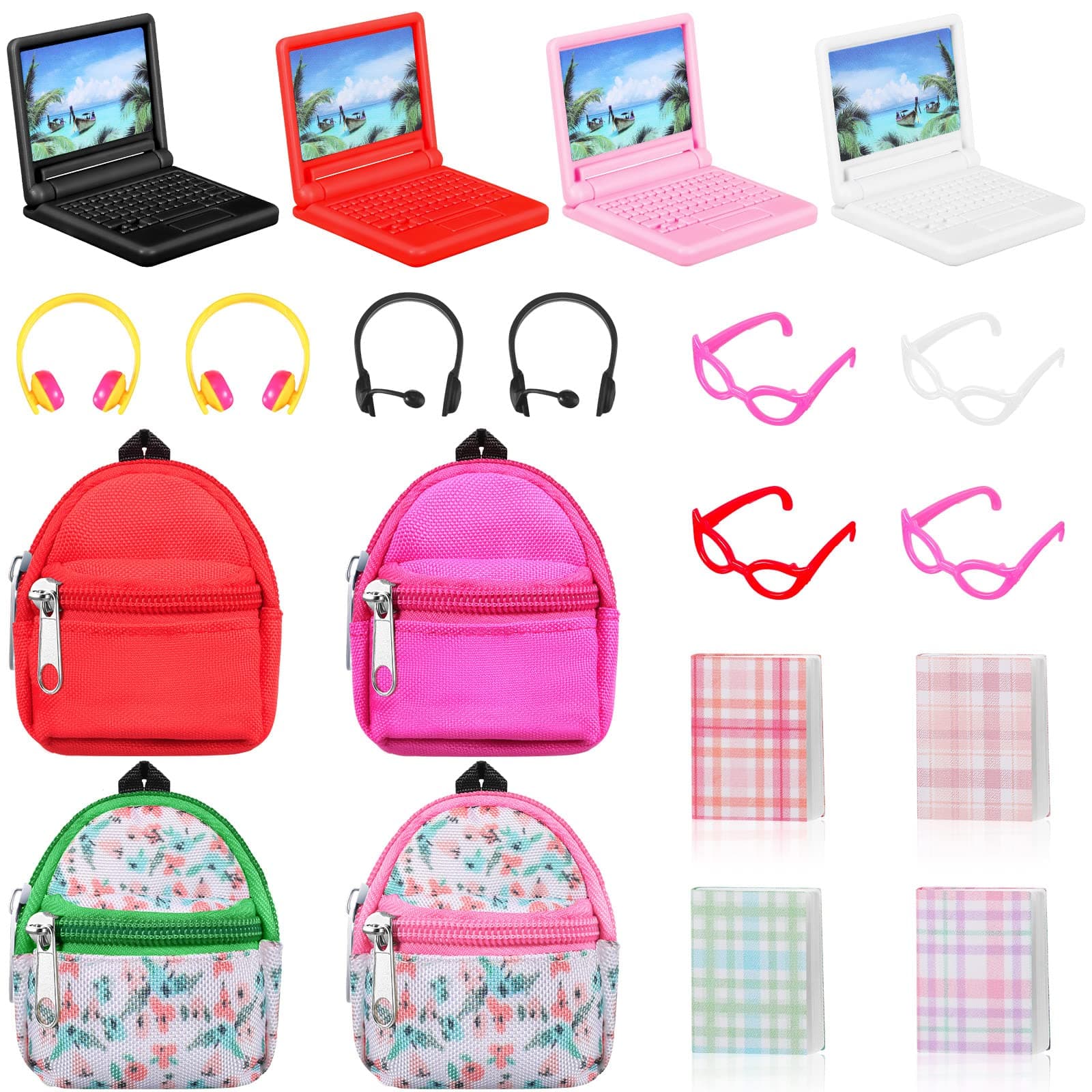 Gejoy20 Pieces Mini Backpack for Dolls Dollhouse Accessories Include Tiny Micro Backpack with Zipper Laptop Books Headsets Sunglasses Cute School Scene Simulation Toys for 1/12 1/6 Scale(Classic Style)