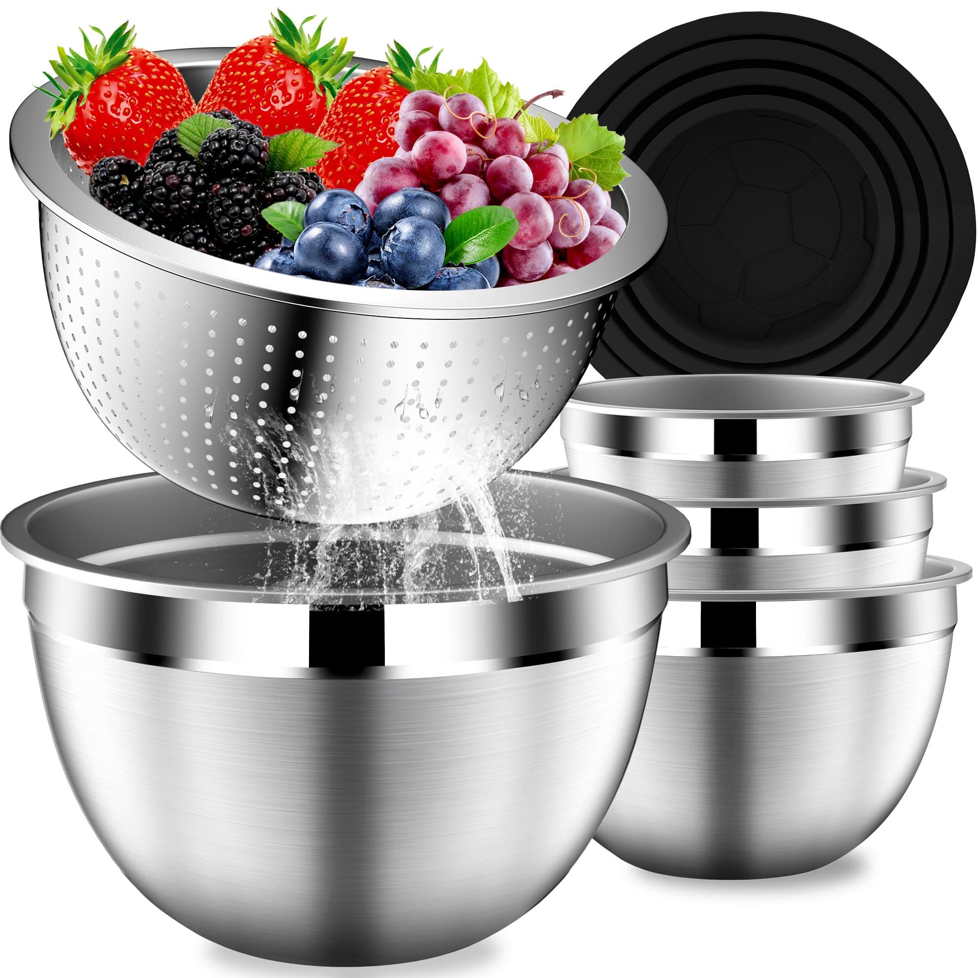 Mixing Bowls with Lids Set, Stainless Steel Mixing Bowls with Colander, Strainer with Mixing Bowl Set, Serving Bowl Kitchen Gift, Size 4.5, 2.5, 2, 1.5QT - Black