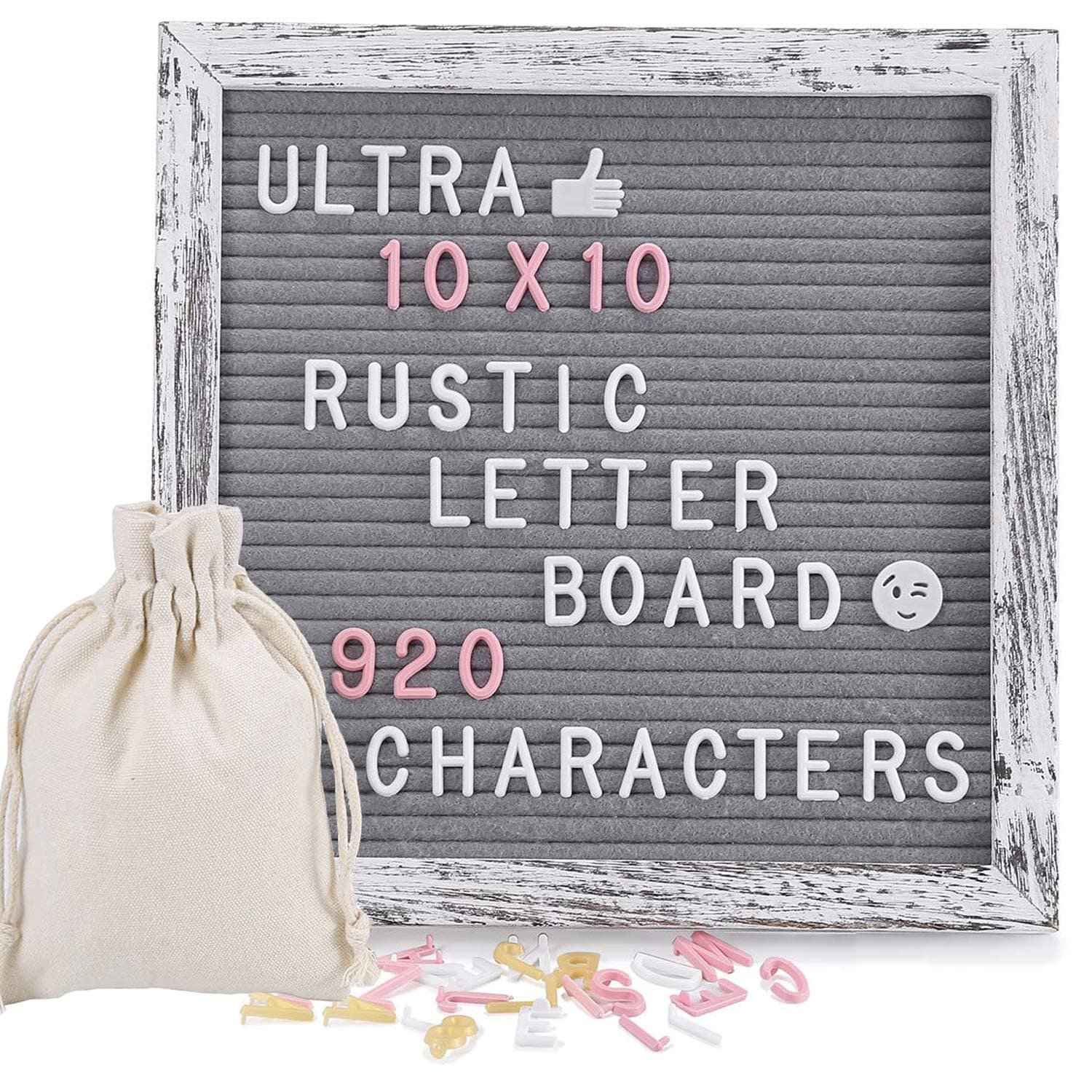 Letter Board, Felt Letter Board with 920 PCS Replaceable Letters, 10x10 Inches Solid Oak Wood Material, Decorative Display Board Designed with Metal Hook (Rustic Grey)