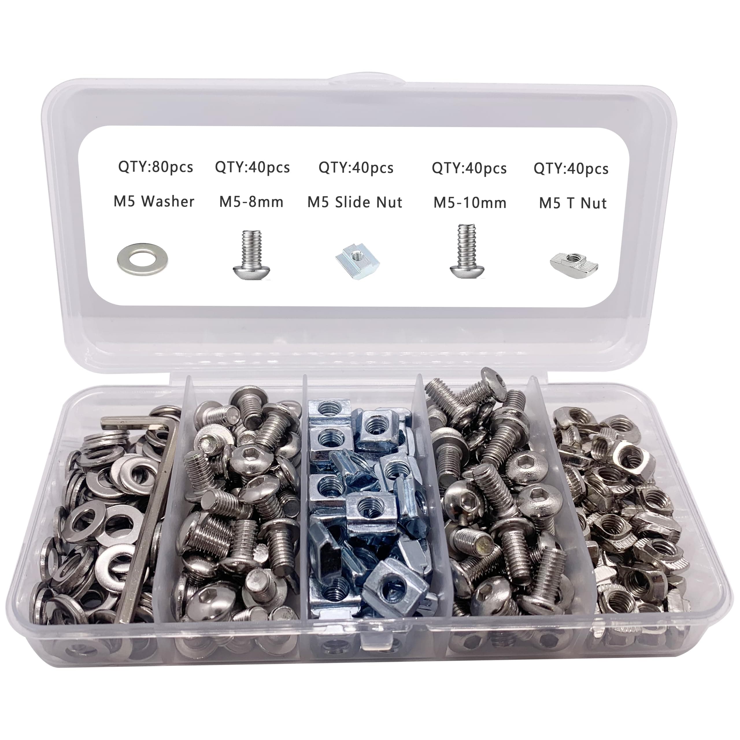 200pcs M5 T-Nuts Screws Kit for 2020 2040 8020 Series Aluminum Extrusion,40Pcs M5x10,40Pcs M5x8 Hexagon Socket Screws,40Pcs M5 T Sliding Nut,40Pcs M5 T Nut,40Pcs Washers