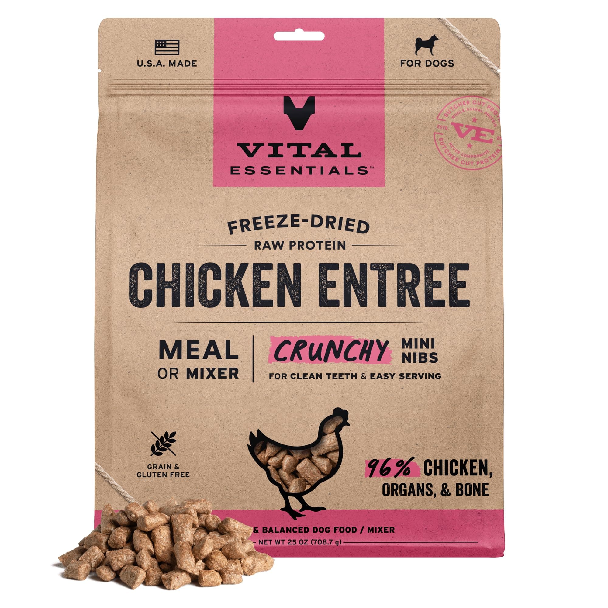Vital Essentials Freeze Dried Dog Food, Raw Chicken Crunchy Mini Nibs | Complete Meal or Topper | 96% Chicken, Organs & Bone | High Protein, Limited Ingredient, Grain Free Dry Dog Food | 25 oz Bag