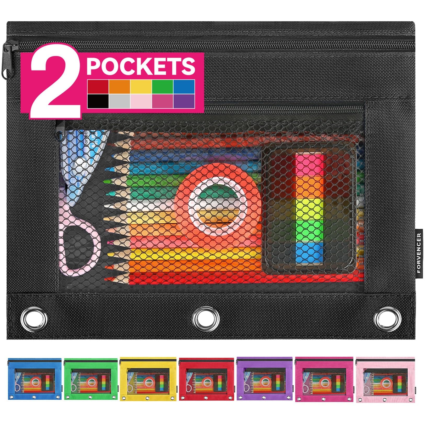 Forvencer Pencil Pouch for 3 Ring Binder, Clear Pencil Case Bag with Smooth Zipper, Pen Organizer for Girls Boys Kids, School Supplies, Back to College Stationery, Black