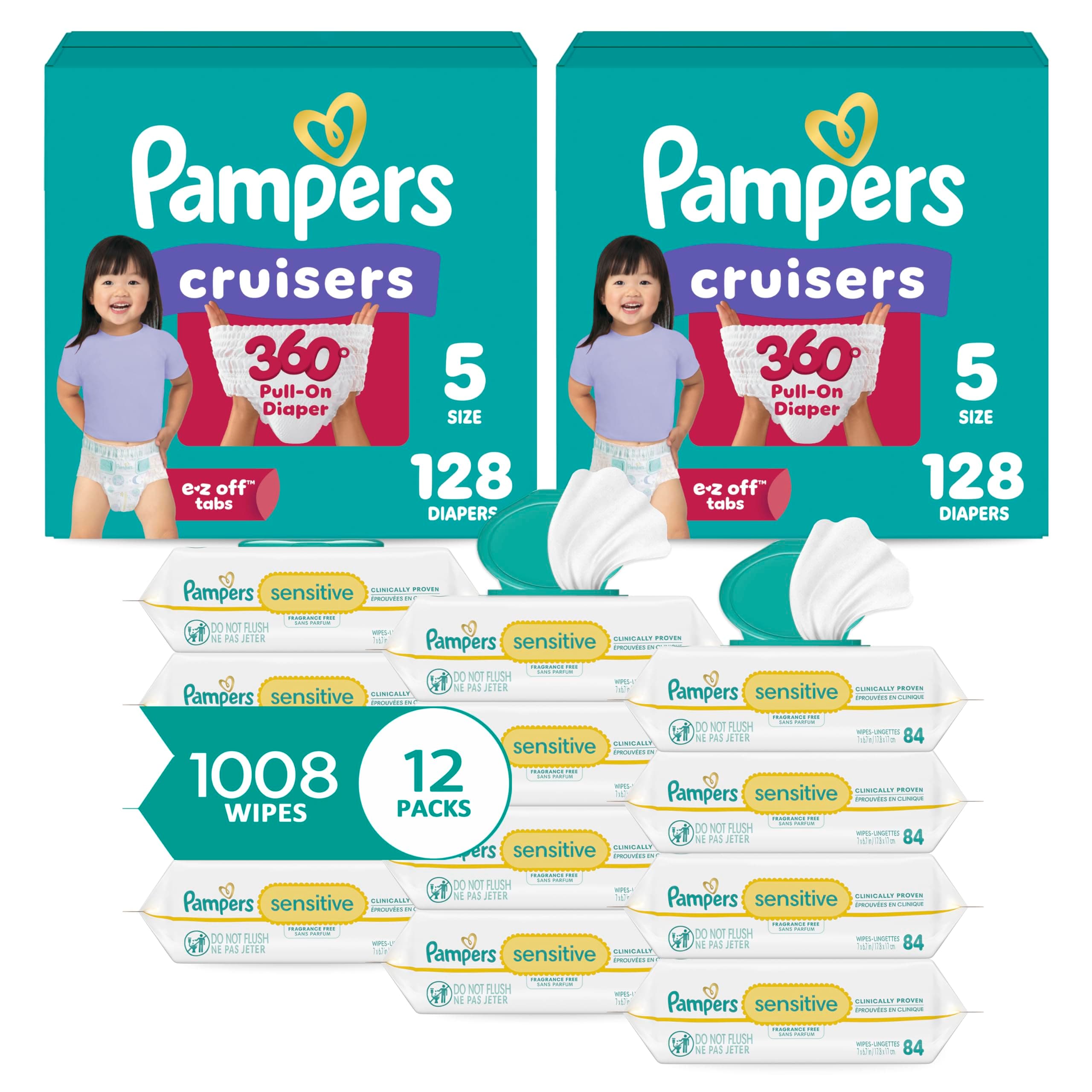 Pull On Cruisers 360° Fit Disposable Baby Diapers Size 5, 2 Months Supply (2 x 128 Count) with Sensitive Water Based Baby Wipes 12X Multi Pack Pop-Top and Refill (1008 Count)