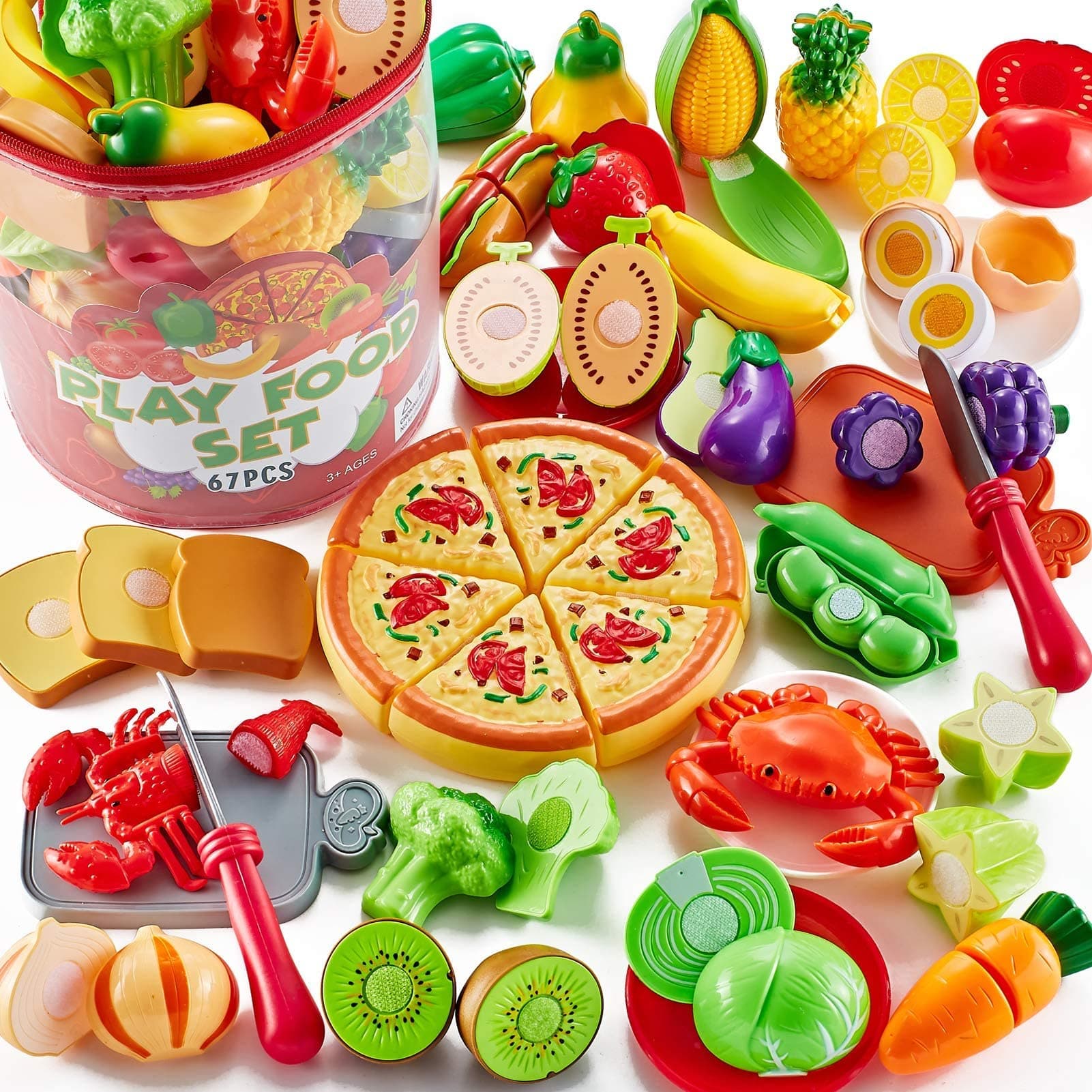 67Pc Pretend Play Food Sets for Kids Kitchen, Pizza Toy Food & Cutting Fake Food - Fruits & Vegetables, Play Kitchen Toys Accessories, Pretend Food Toys for Toddlers Boys Girls Birthday Gift