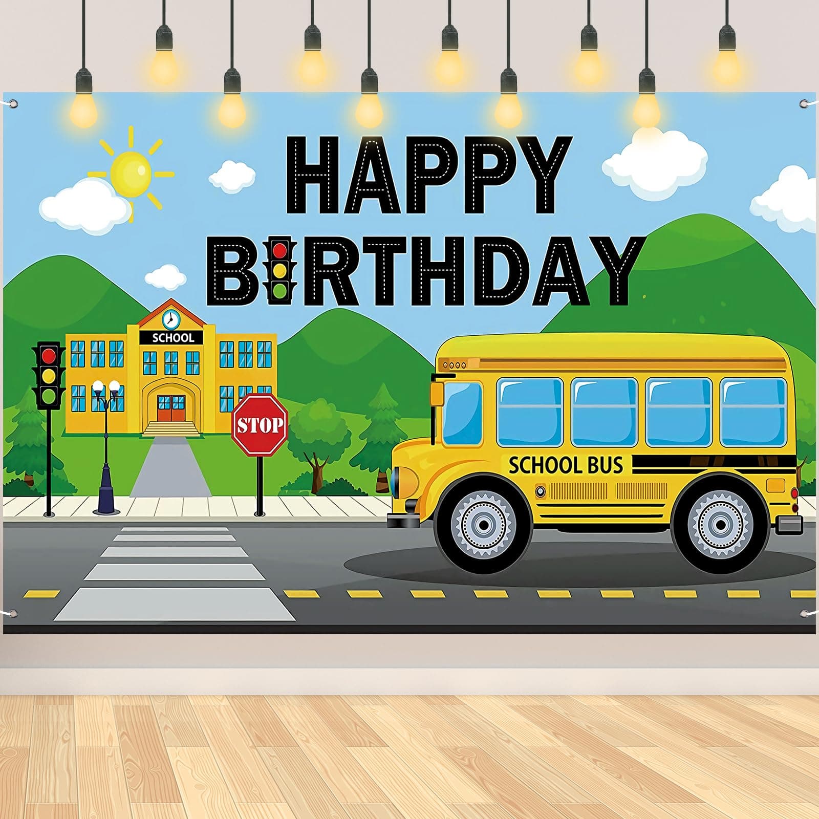 Wheels on The Bus Birthday Decorations School Bus Birthday Party Decorations Yellow School Bus Birthday Party Decoration Backdrop Banner for Boys Girls Birthday Favor Car Bus Train Theme Party