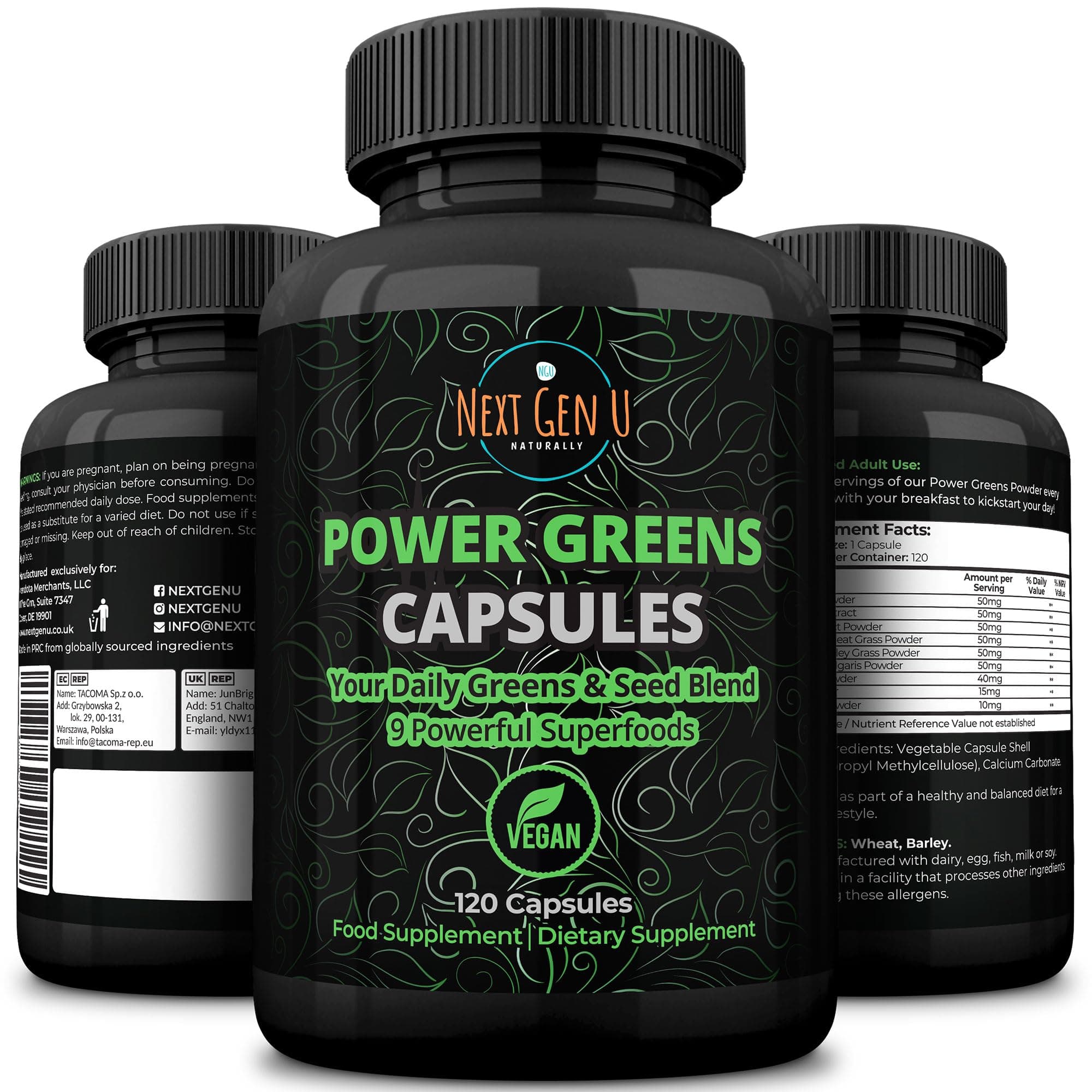 Super Greens - Immune System Support - 500 mg 120 Vegan Capsules - Superfoods for Daily Booster - Healthy Keto Blend with Acai, Wheatgrass, Guarana, Chlorella, Flaxseed, Matcha, Maca - by NextGenU