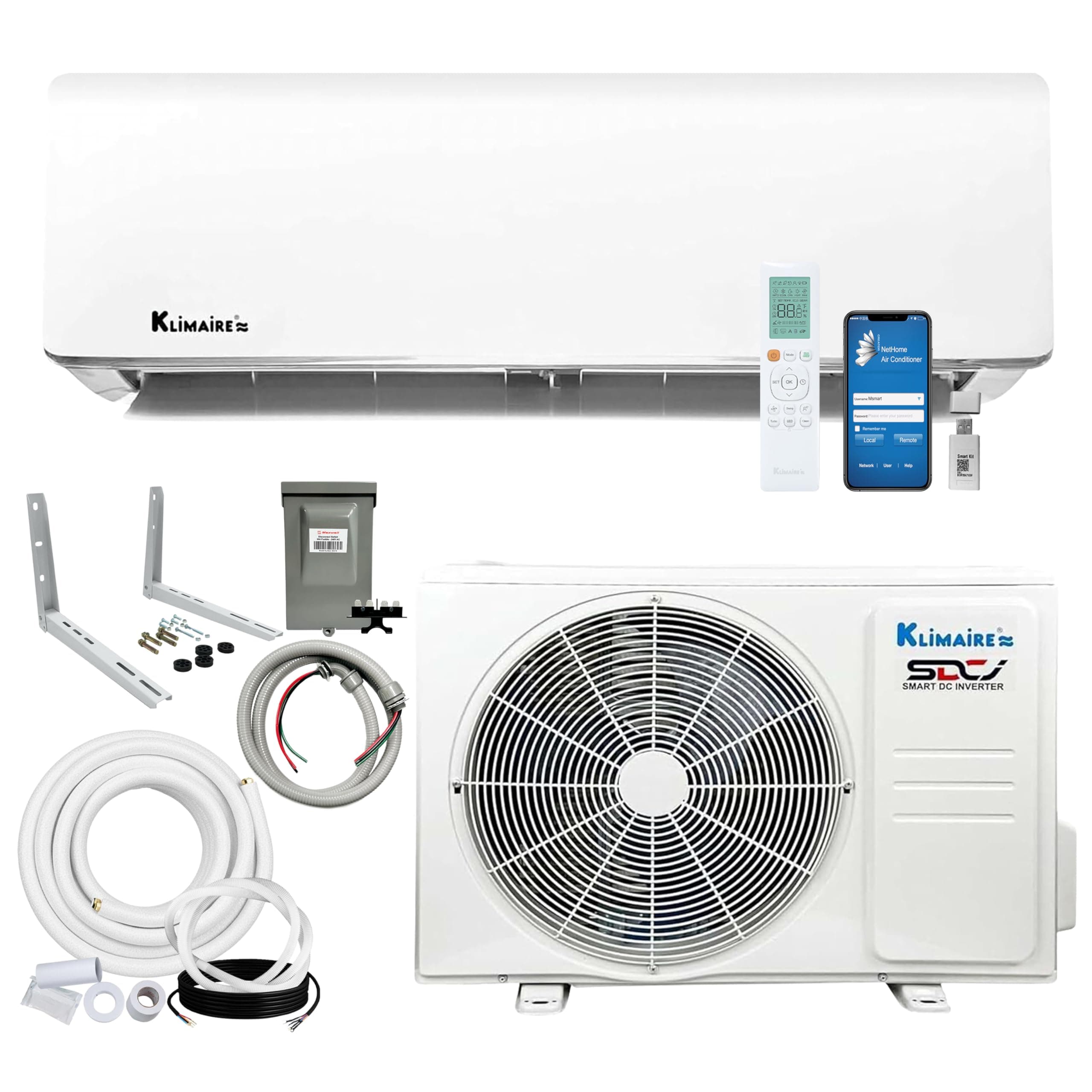 Klimaire 12,000 BTU 20.8 SEER2 Ductless Mini-Split Inverter Air Conditioner Heat Pump System with All-Inclusive 16' Installation Kit, Wall Bracket, Electrical Disconnect -Tight Whip (115V)