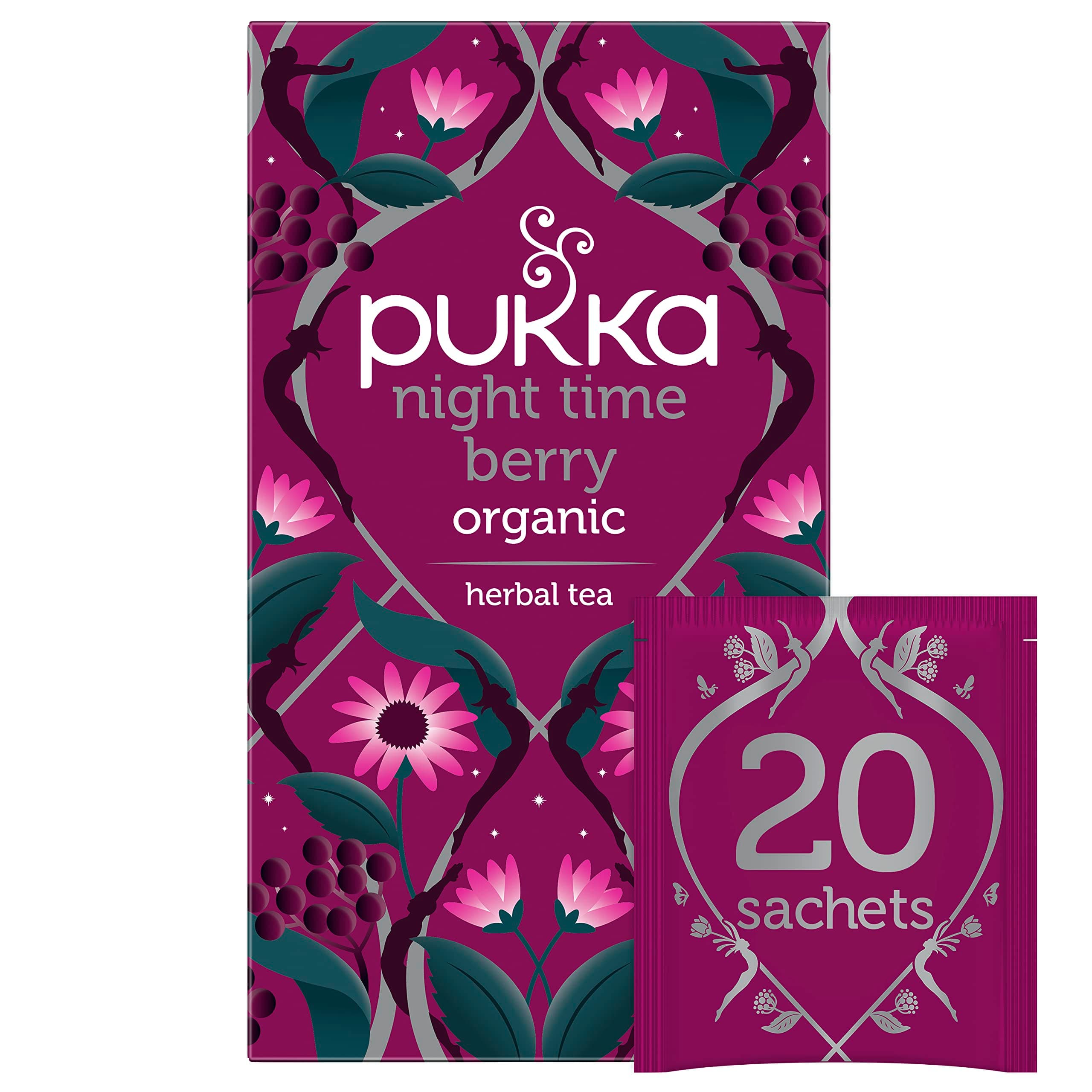 Pukka Organic Night Time Berry Herbal Tea with Chamomile, Echinacea, and Elderberry, Caffeine Free, 20 Total Tea Bags