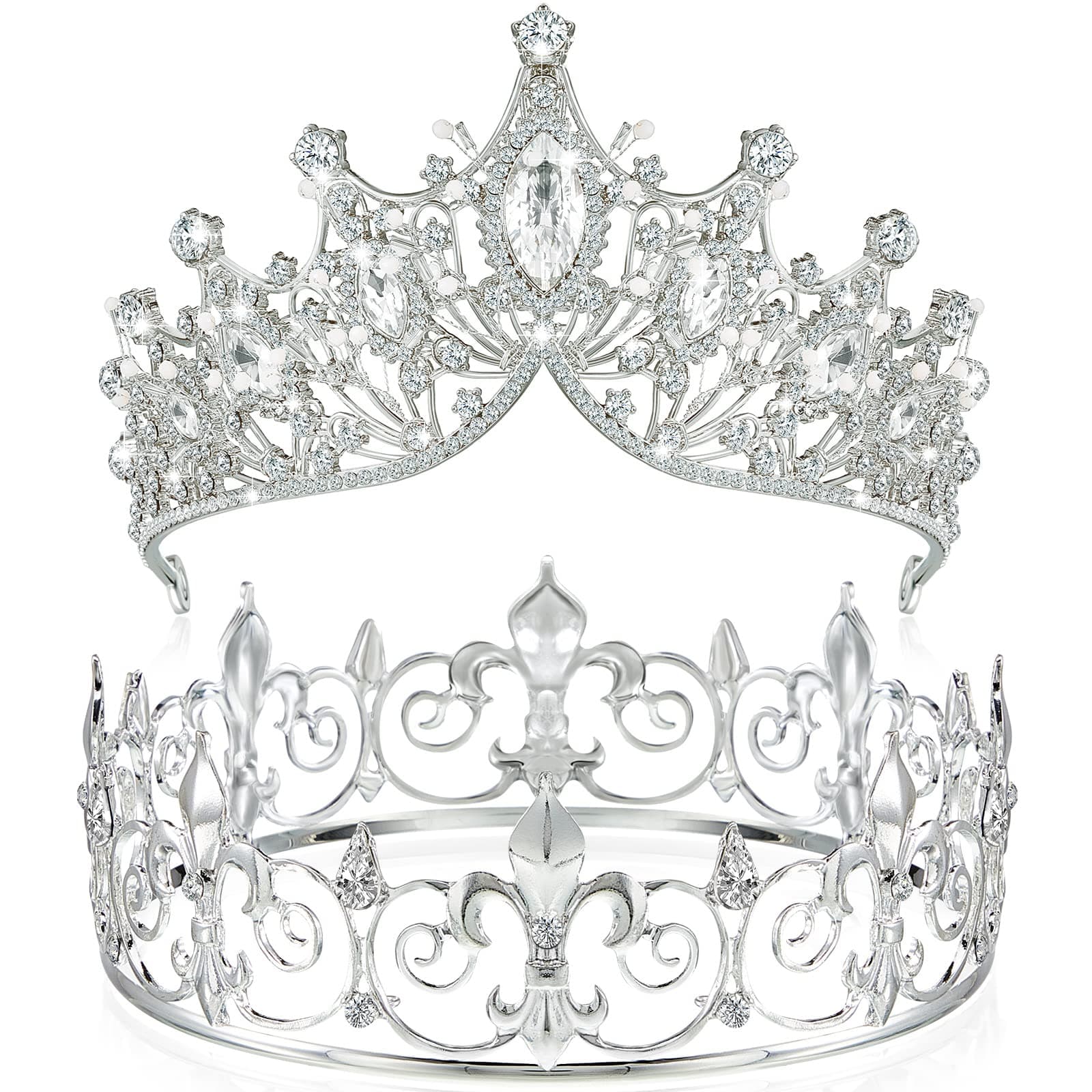 Junkin 2 Pcs Prom King and Queen Crowns for Men Women Valentine's Day Carnival Baroque Queen King Prince Tiara Princess Crystal Headband for Wedding Birthday Grad Rhinestone Prom Party(Silver)
