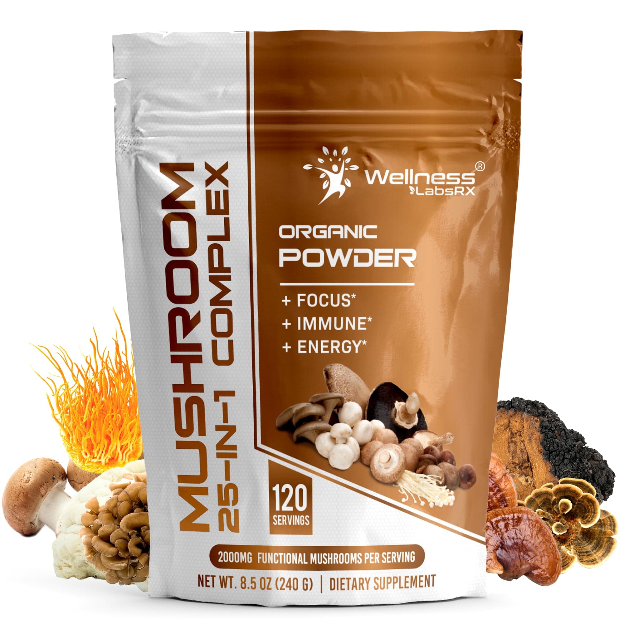 WELLNESS LABSRX Mushroom Powder, 25 in 1 Mushrooms Supplement - 2000mg, 25 Superfood Mishroom Lions Mane Powder with Chaga, Shiitake, Cordyceps, Reishi - Lion's Mane Mushroom - 120 Servings