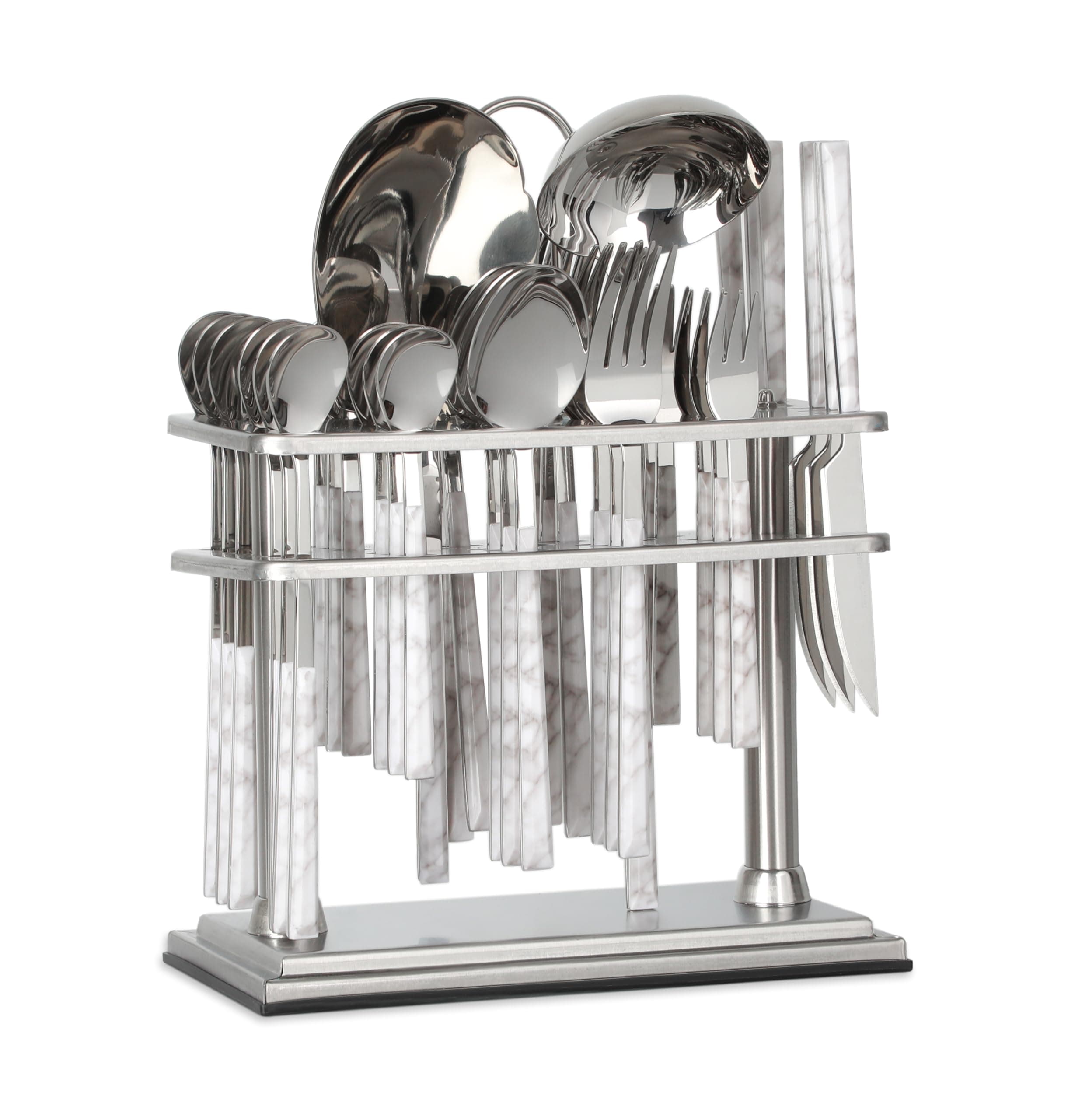LIFE SMILECutlery Set, 18/10 Pure Stainless Steel Flatware Set with Stand, Rust Proof & Fade Proof Dinnerware Set (MIRROR POLISH HEAD & WHITE MARBLE HANDLE, 39 Pieces)