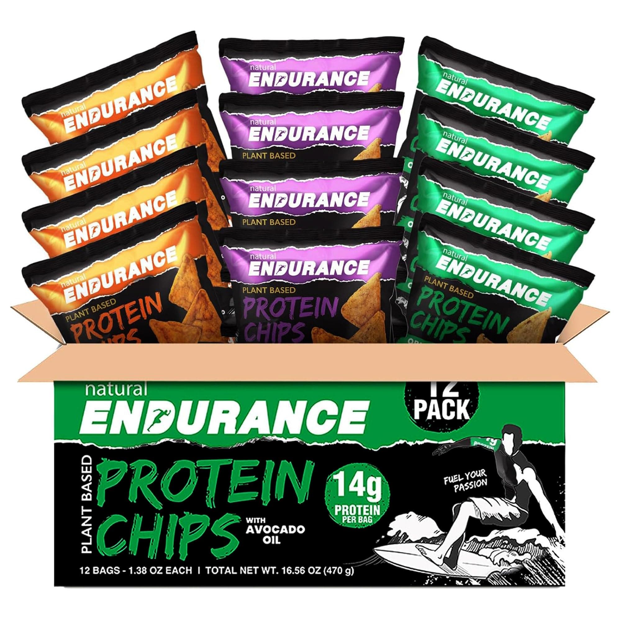 Natural Endurance Protein Chips - Nacho Chips, Low Carb Chips, High Protein Snack, Vegan Protein with Avocado Oil, 14g Protein Per Bag, Gluten Free - Nacho Flavor, 1.38 oz Bags (Pack of 12)