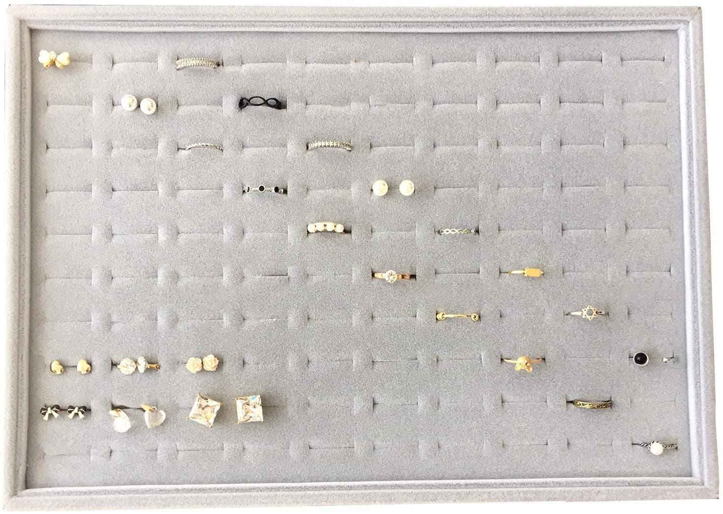 Outdoorfly Velvet Stackable 100 Slot Ring Organizer Tray Drawer Earring Rings Stud Jewelry Storage Display Trays Rings Holder Showcase(100 Slot Rings)