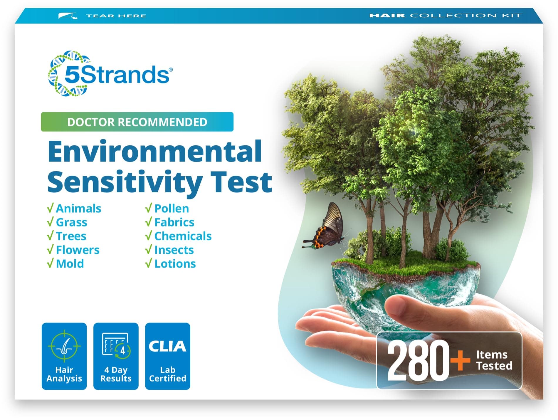 5Strands Environmental Intolerance Test, 282 Outdoor & Indoor Items Tested, at Home Sensitivity Test for Adults & Kids, Accurate Hair Analysis, Results in 5 Days