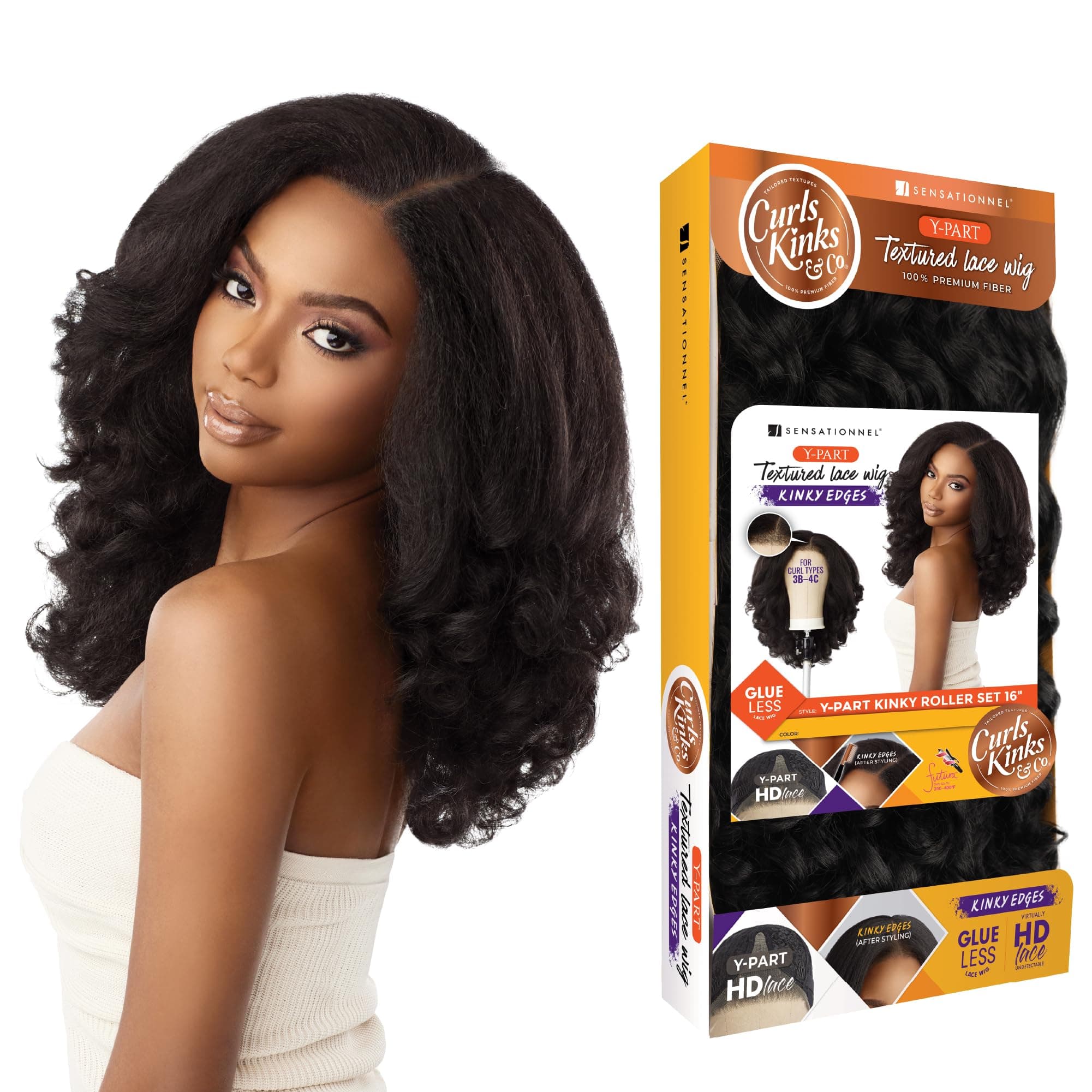 Sensationnel Curls Kinksandco Kinkyedges Wig - Kinky Roller Set 16 Inch Y Part Lace Natural Kinkytexture Edged Hairline for Natural 3C to 4C Hair Textures (BALAYAGEGOLD)