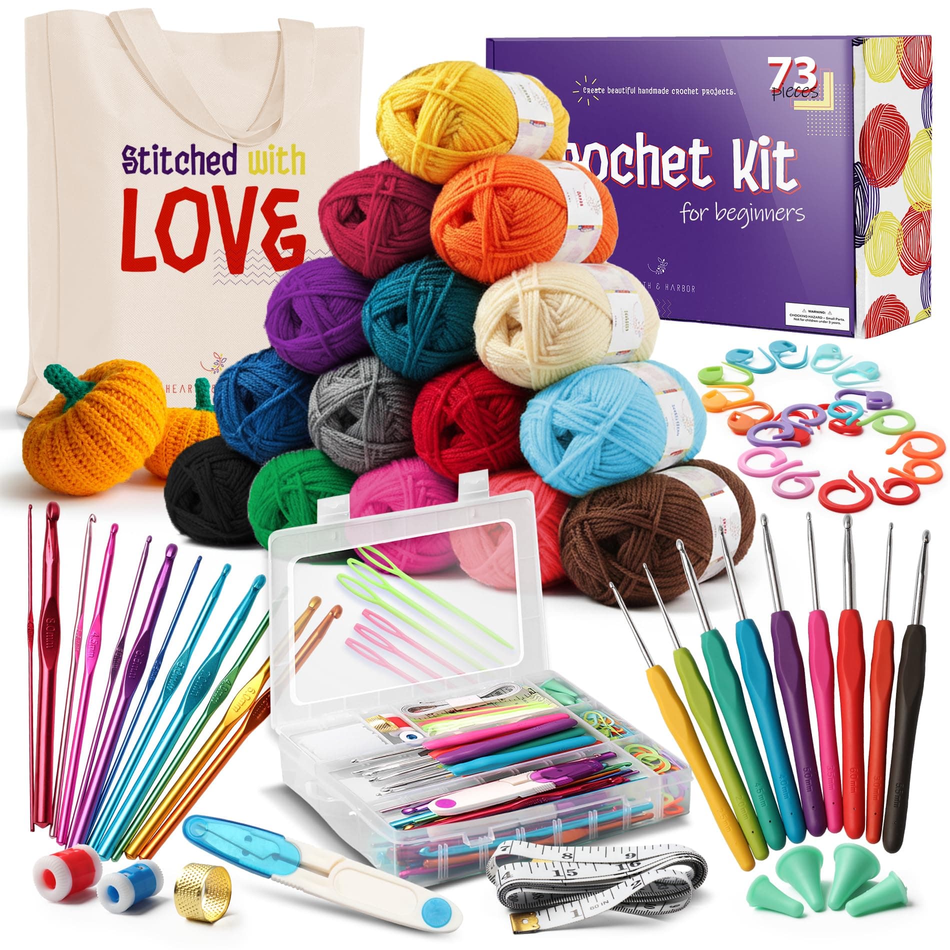 73 Piece Crochet Kit with Hooks Yarn Set - Premium Bundle Includes Balls, Needles, Accessories Kit, Canvas Tote Bag and Lot More Starter Pack for Kids Adults – Beginner, Professionals., Large