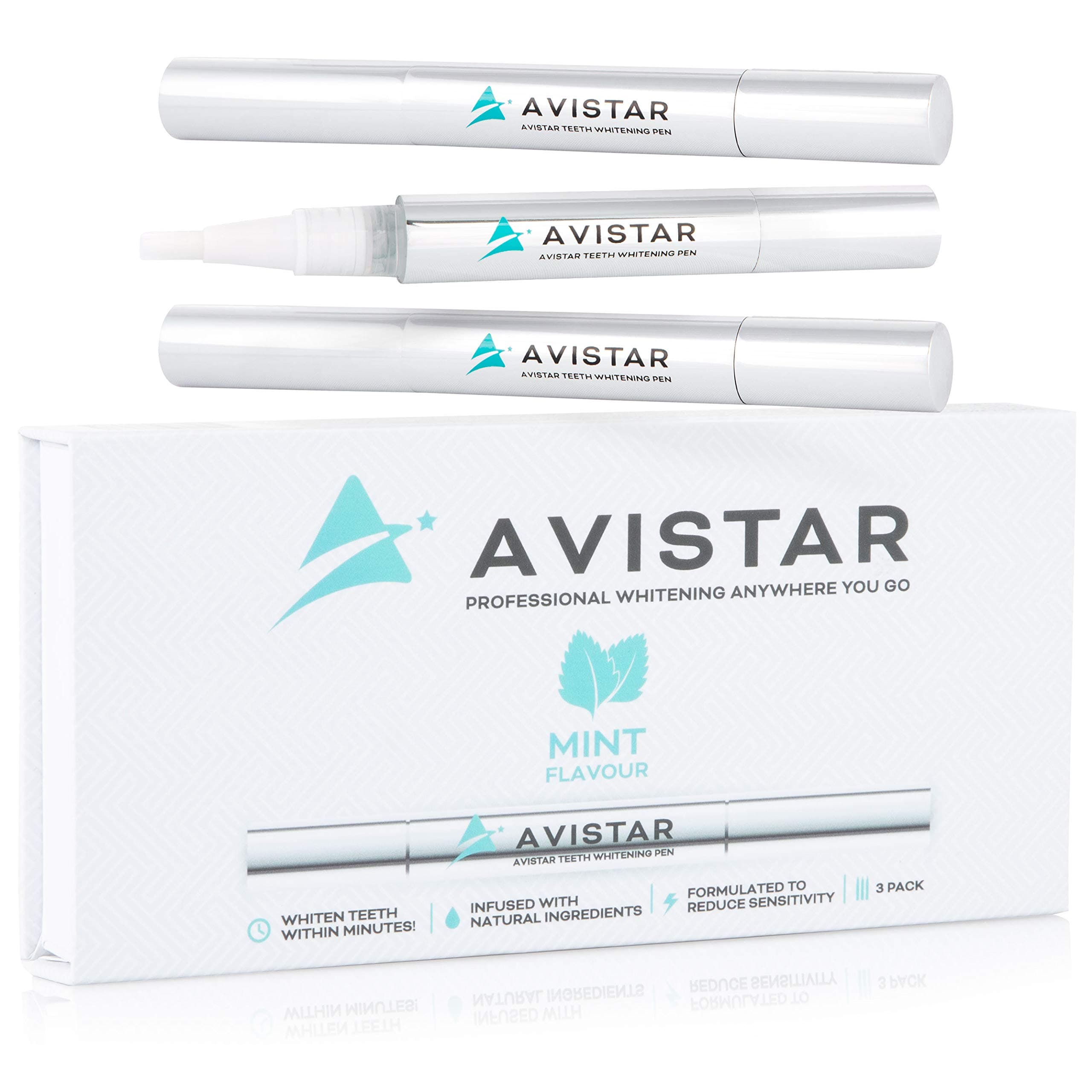 Avistar Professional Teeth Whitening Pens: Instant Teeth Whitener Gel Pen Kit - Chamomile Infused Tooth Whitening Pens to Reduce Sensitivity and Brighten Smile - Mint Flavored Teeth Whiteners, 3 Pack
