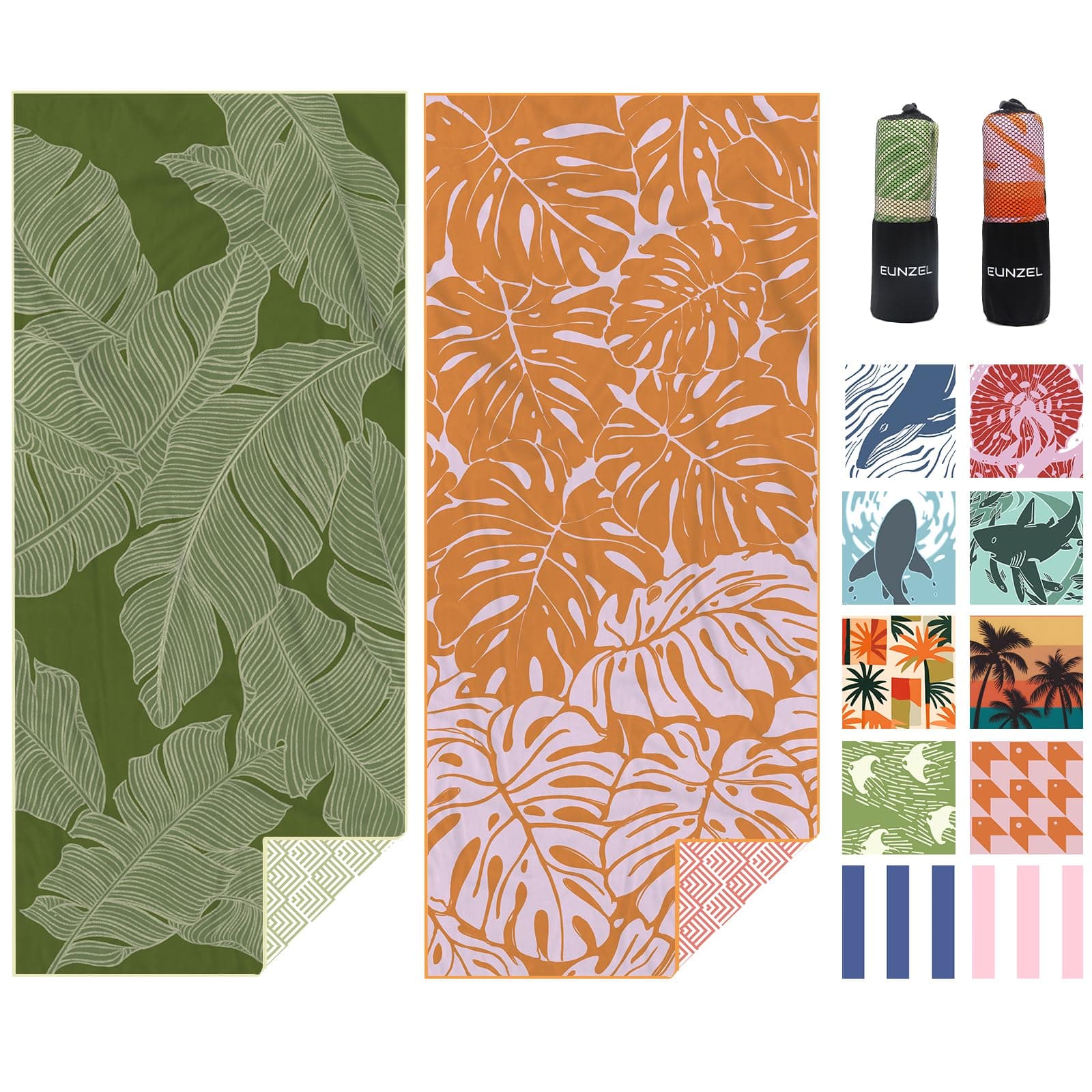 2 Pack Microfiber Beach Towel, Quick Dry Travel Towel Large Sand Free Towel for Beach, Camping, Swim Pool, Gym, Sports& Yoga 71"x32", Palm