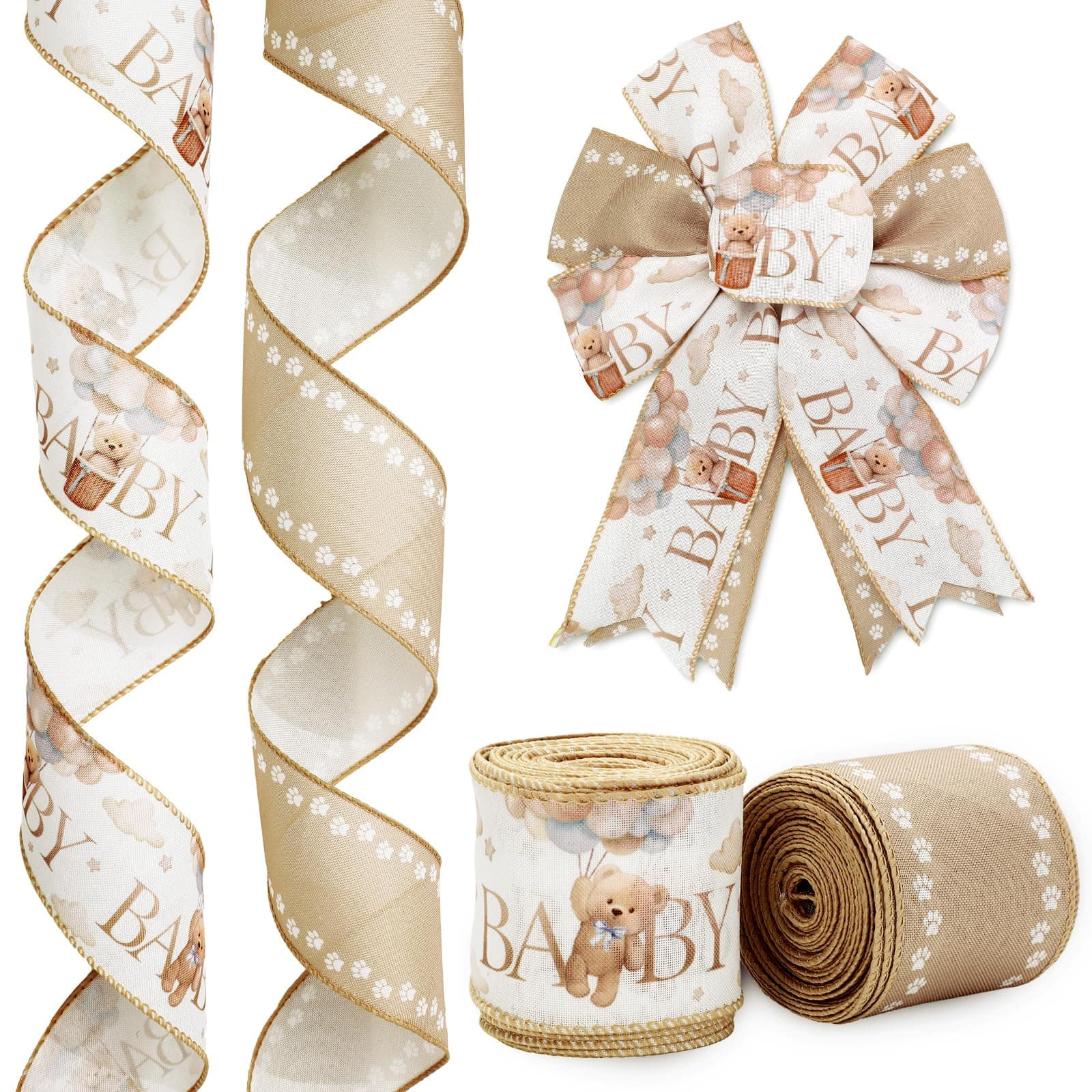 JarThenaAMCS Baby Shower Wired Edge Ribbon Brown Bear Paw Craft Ribbon Fabric Ribbon for Diaper Cakes Wreath Bow DIY Crafts Gift Wrapping Party Decor, 2 Rolls, 20 Yard