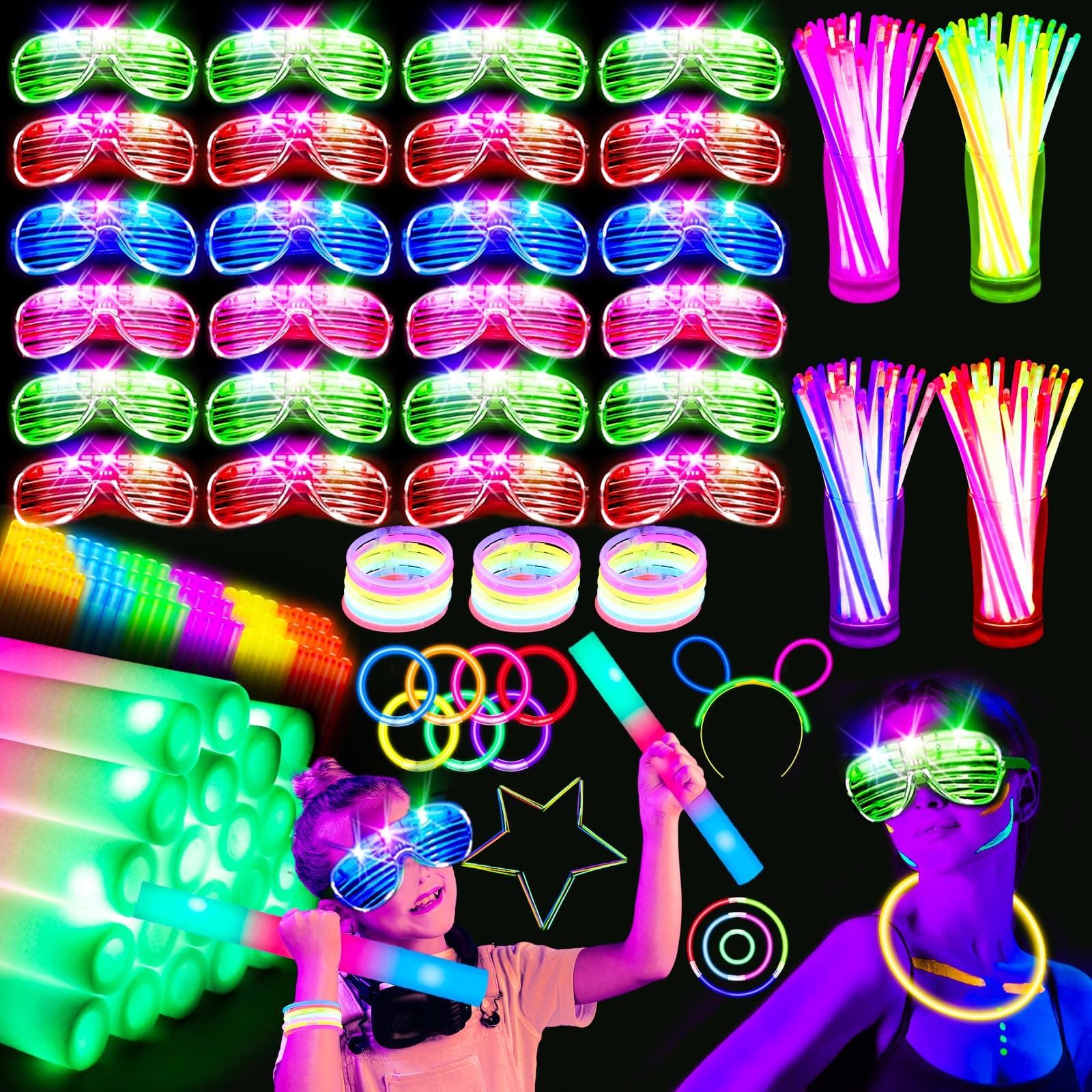 248 PCS Glow Party Supplies,New Year Party Favors 24PCS Foam Glow Sticks, 24PCS LED Glasses and 200PCS Glow Sticks Bracelets, Neon Party Favors for Glow Party, Wedding,Concert,Raves and Birthday