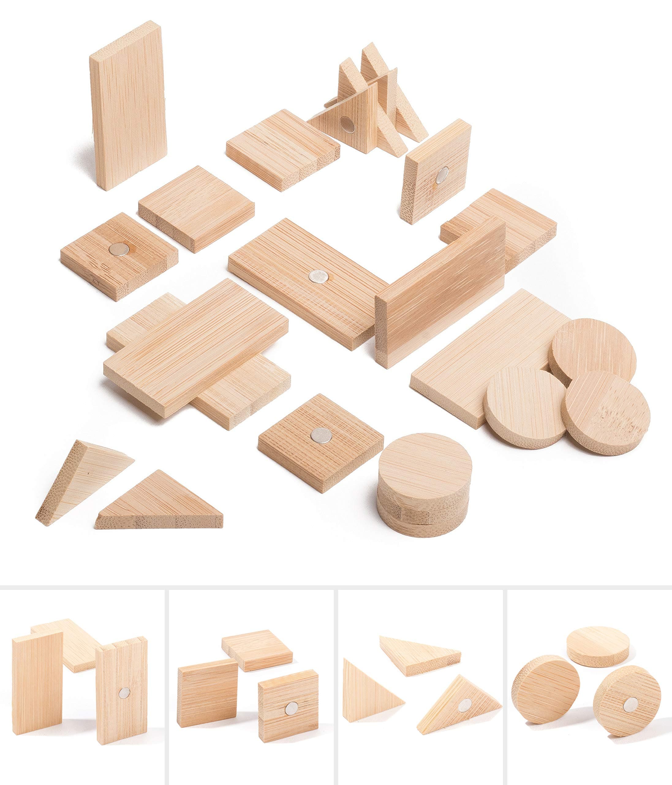 Fridge and Whiteboard Magnets Made of Bamboo - 4 Different Shapes - Circle, Square, Rectangle and Triangle - Beautiful, Cute and Unique Wooden Refrigerator and Office Magnets - Mixed 24 Pack