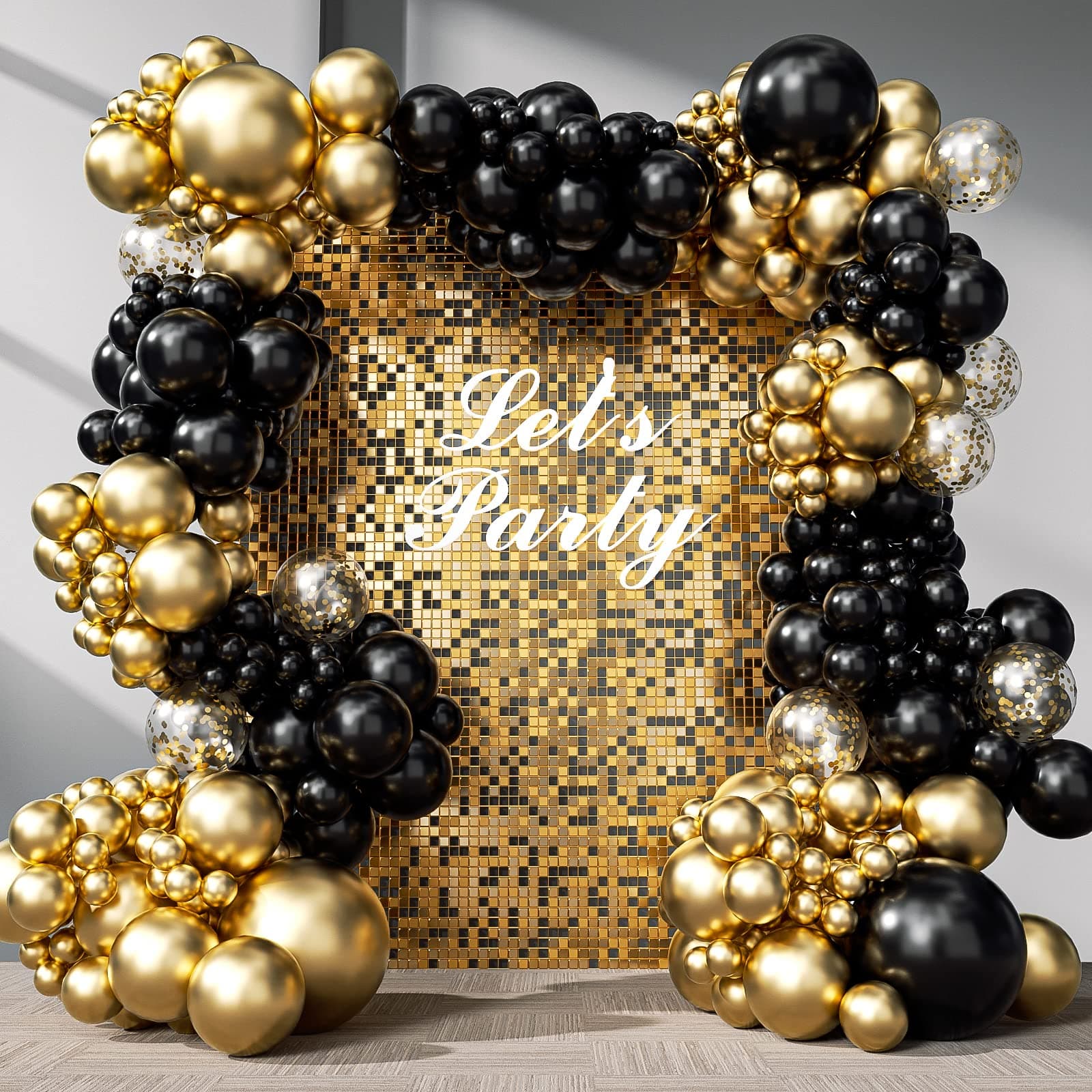 133pcs Black and Gold Balloons Garland Arch Kit with Metallic Gold Confetti Balloons, 5 10 12 18 Inch Black Gold Latex Balloons for Graduation Birthday Wedding Party Decorations