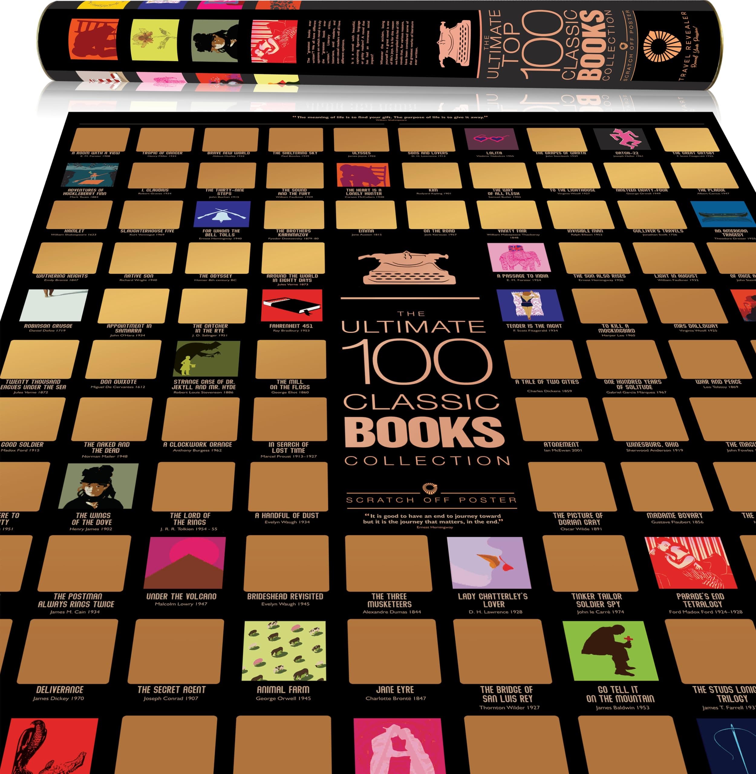 Travel Revealer Top 100 Books Scratch Off Poster 24x17" Ultimate 100 Classic Book Bucket List Scratch Off Poster | 100 Best Books of All Time Top 100 List Poster | 100 Essential Novels Scratch-Off Chart