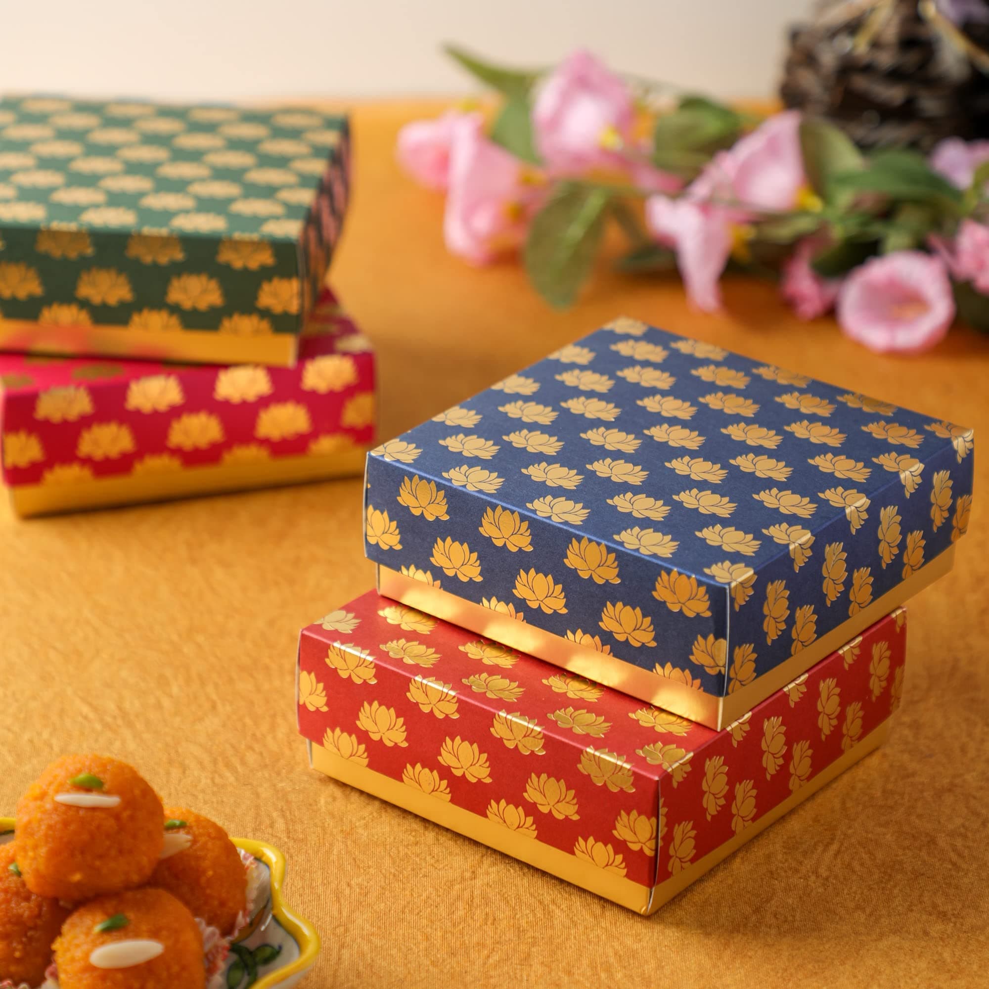 Desi Favors Lotus Printed Colorful Sweet Boxes for Indian Sweets, Cookies, Goodies, Mithai, Candy, Gift Boxes with Lids Bulk, Handmade Bulk Mithai Box, Boxes for Wedding, 2.95x5.51 Inch (Pack of 4)