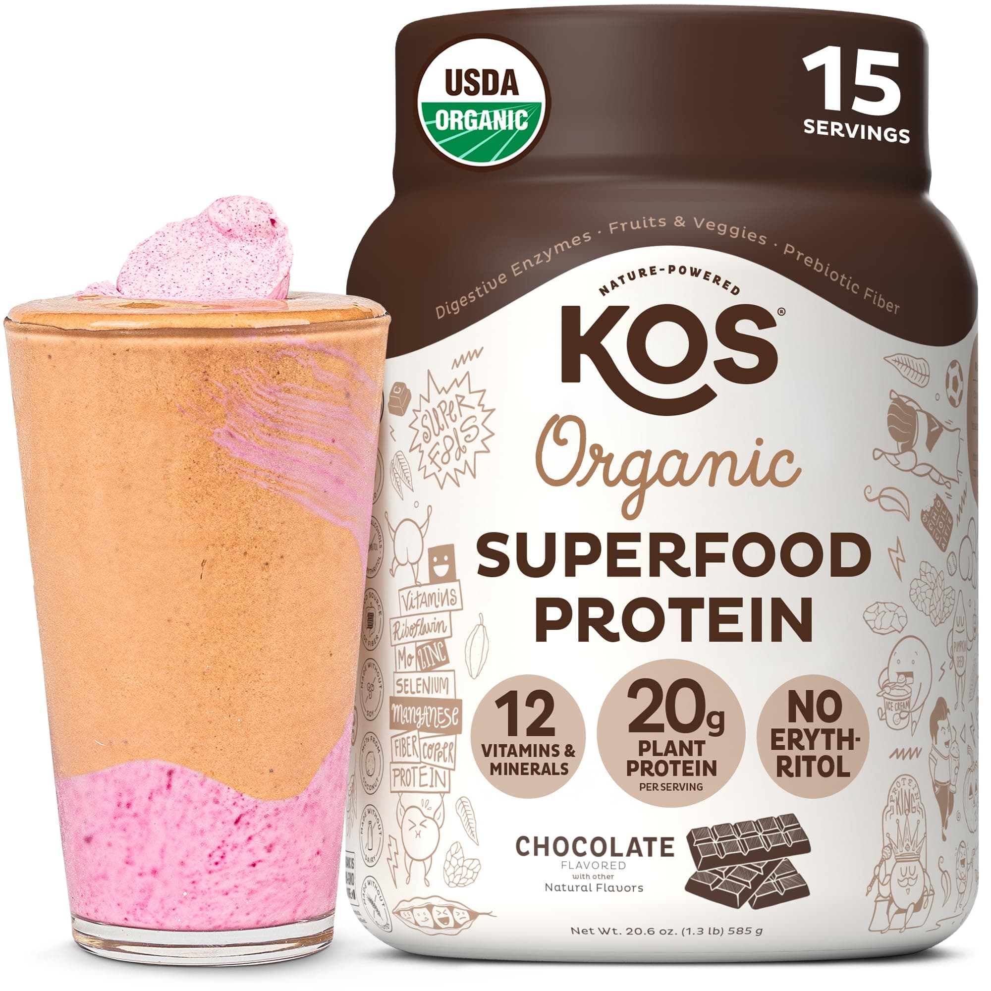KOS Organic Plant Based Protein Powder - Delicious Chocolate - Gluten, Dairy & Soy Free Vegan Protein Powder - Ideal For Meal Replacement Shakes For Weight Loss -1.3 Pounds, 15 Servings 1.3 Pound