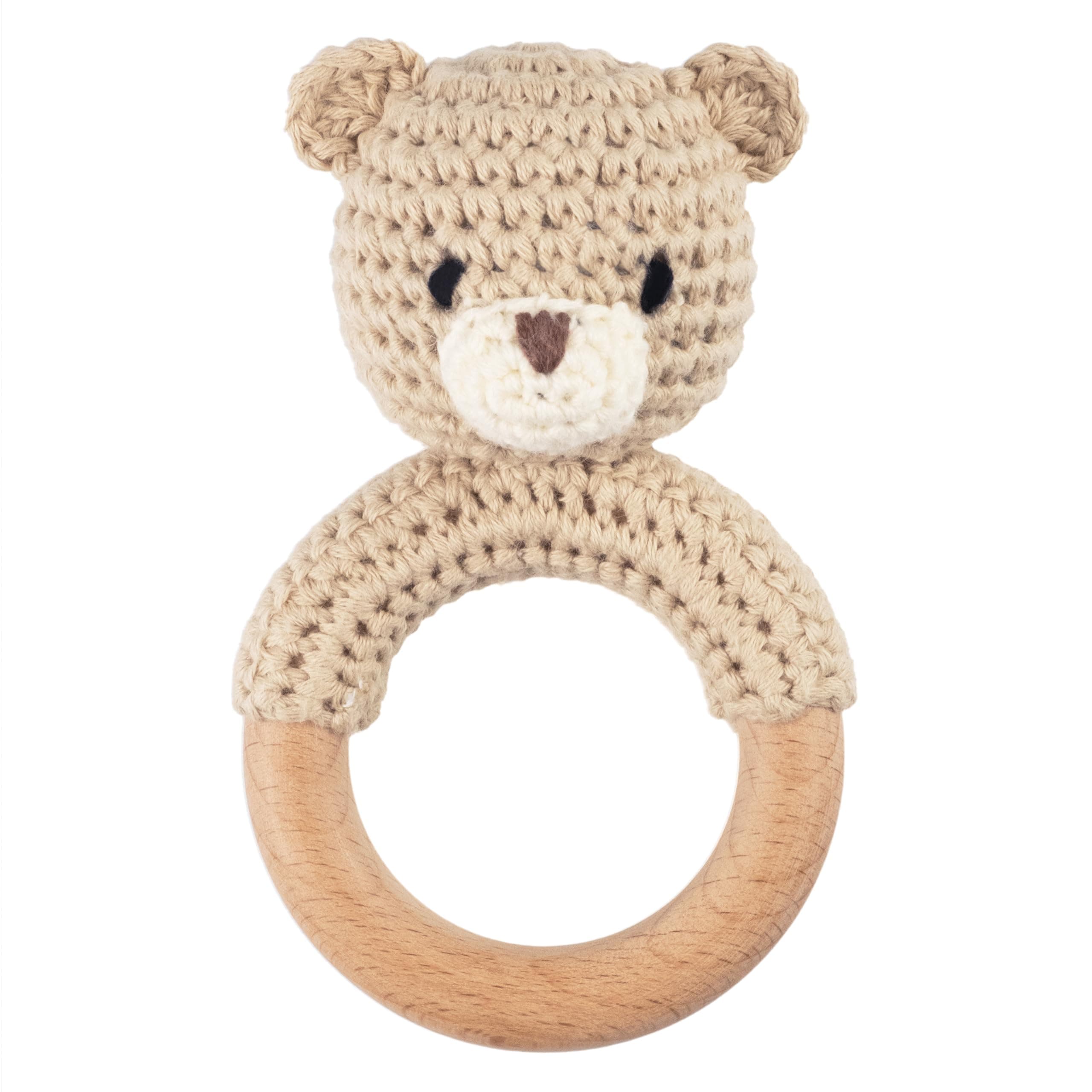 Joliecraft Safari Animals Wooden Baby Rattle Toys Stuffed Crochet Rattle with Teether Ring for Newborn, Beige Bear